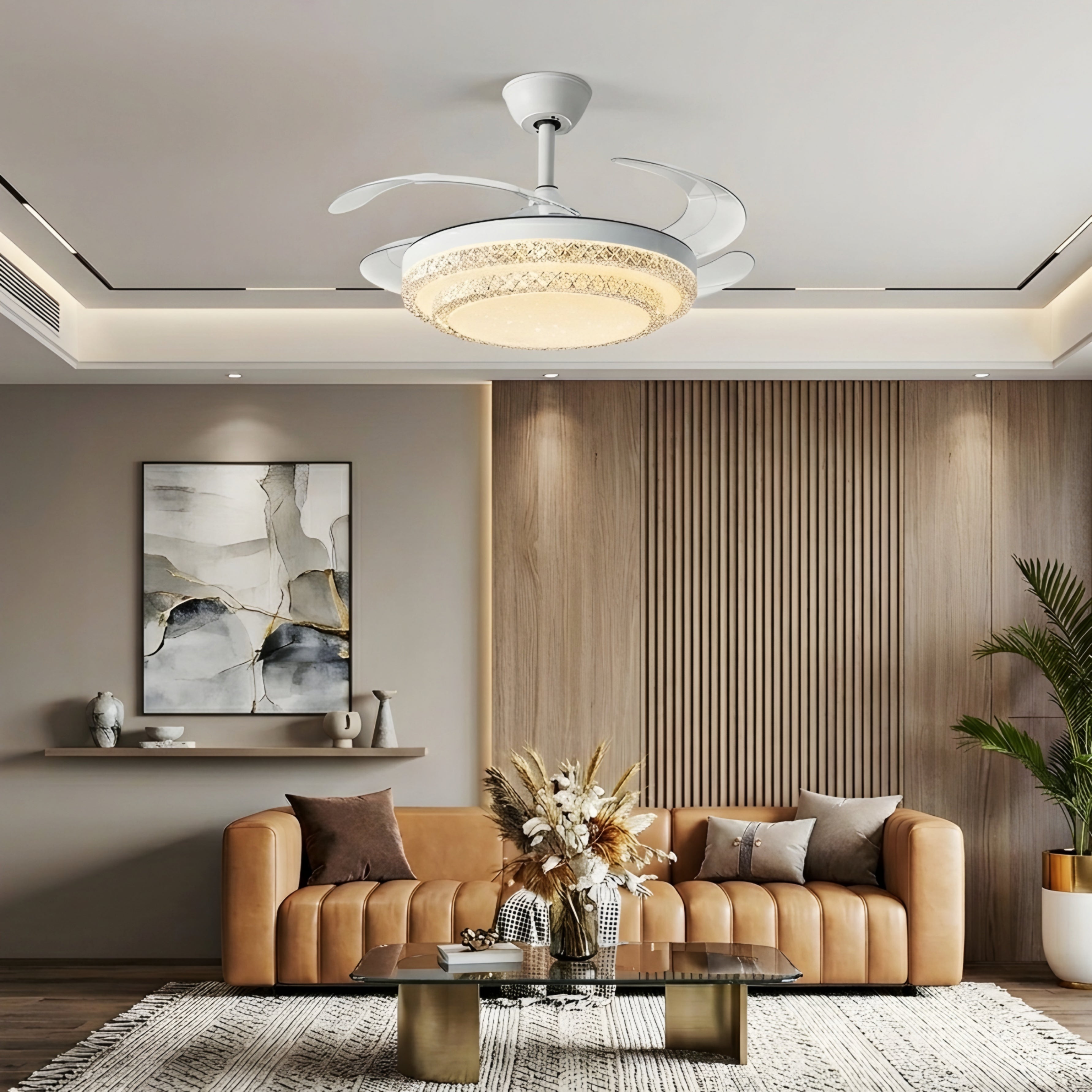 Virell Crystal Ceiling Fan Light – Retractable Blades LED Modern White Decorative Lighting Fixture