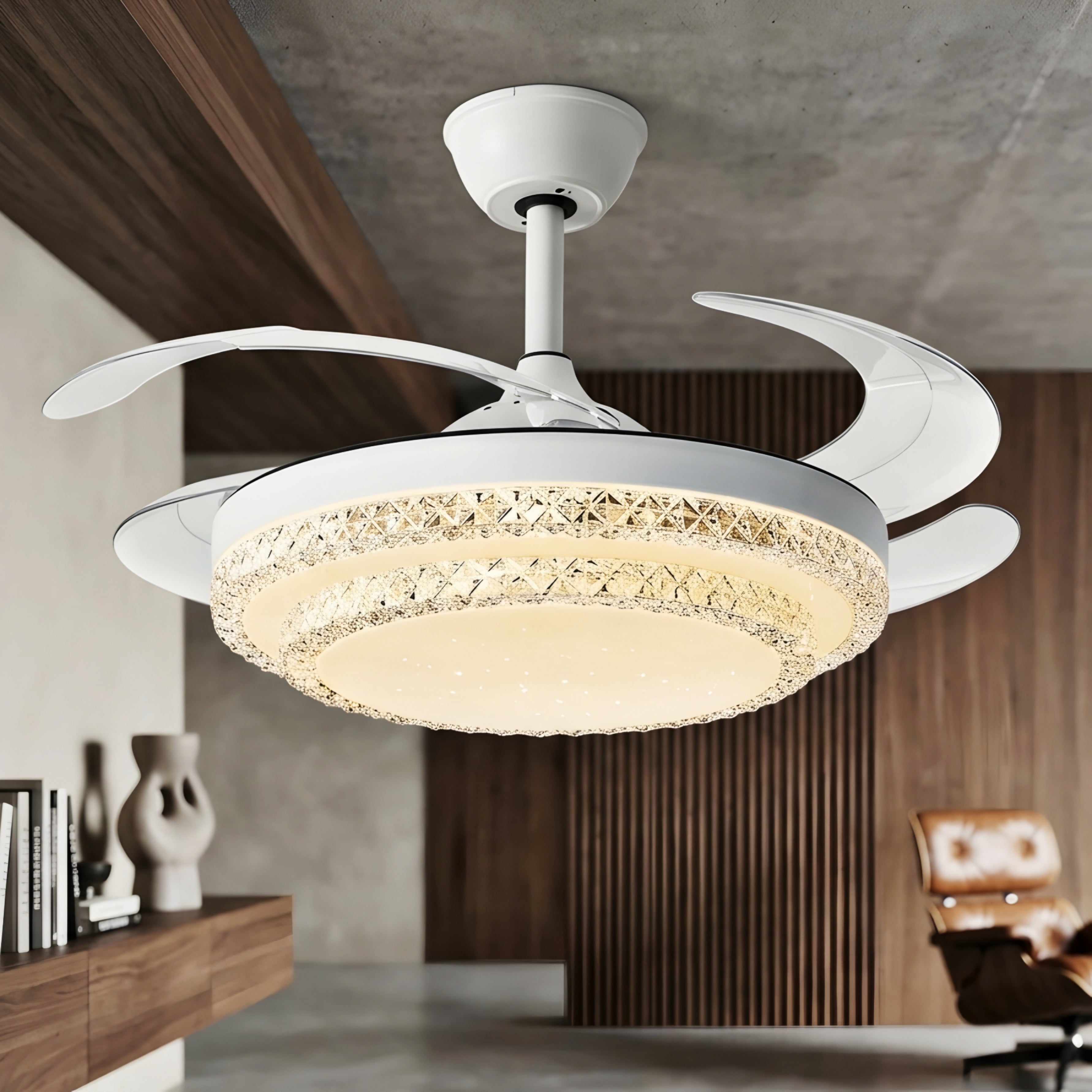 Virell Crystal Ceiling Fan Light – Retractable Blades LED Modern White Decorative Lighting Fixture