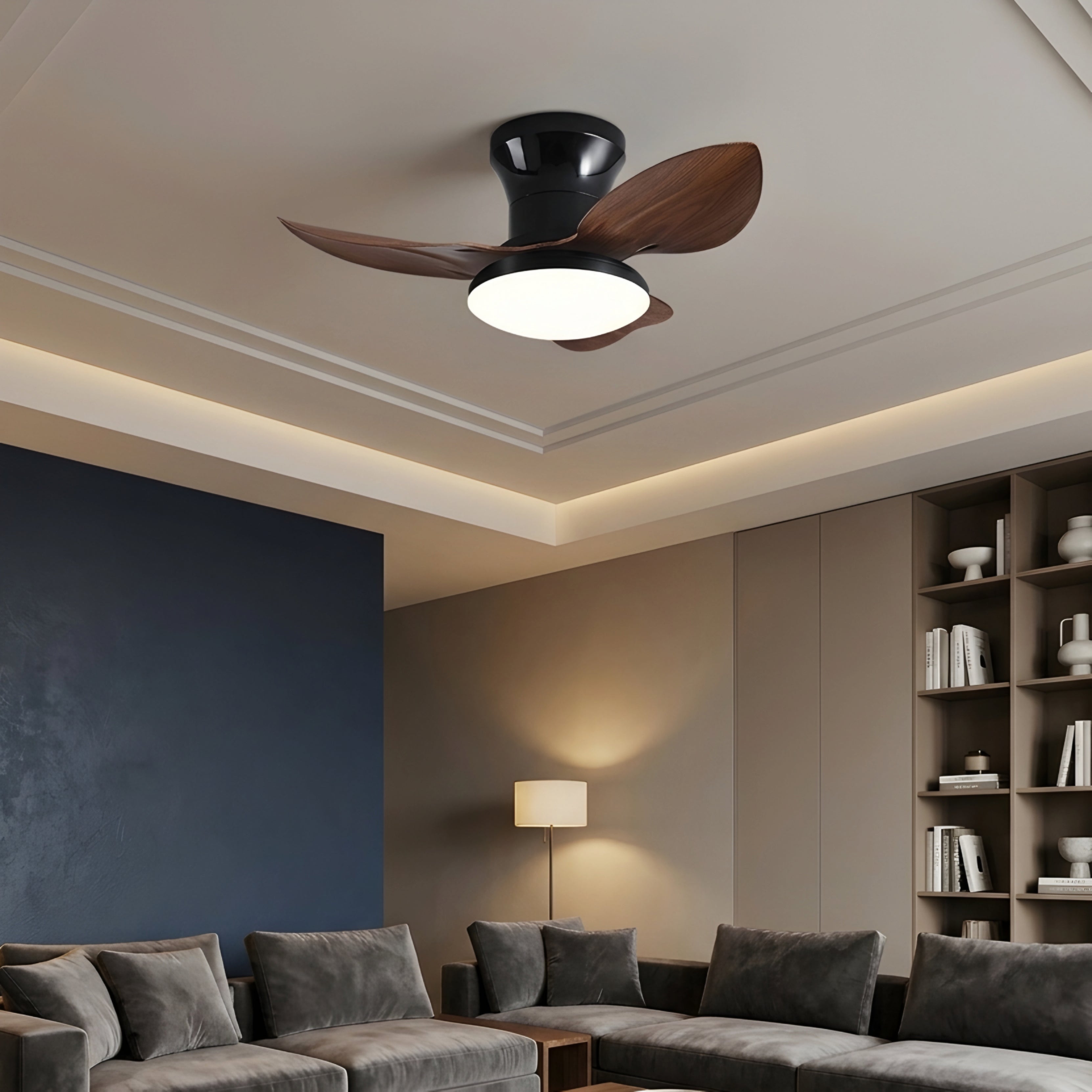 Brisen Halo Ceiling Fan – LED Light Wood Blade Modern Low Profile Flush Mount Bedroom Living Room