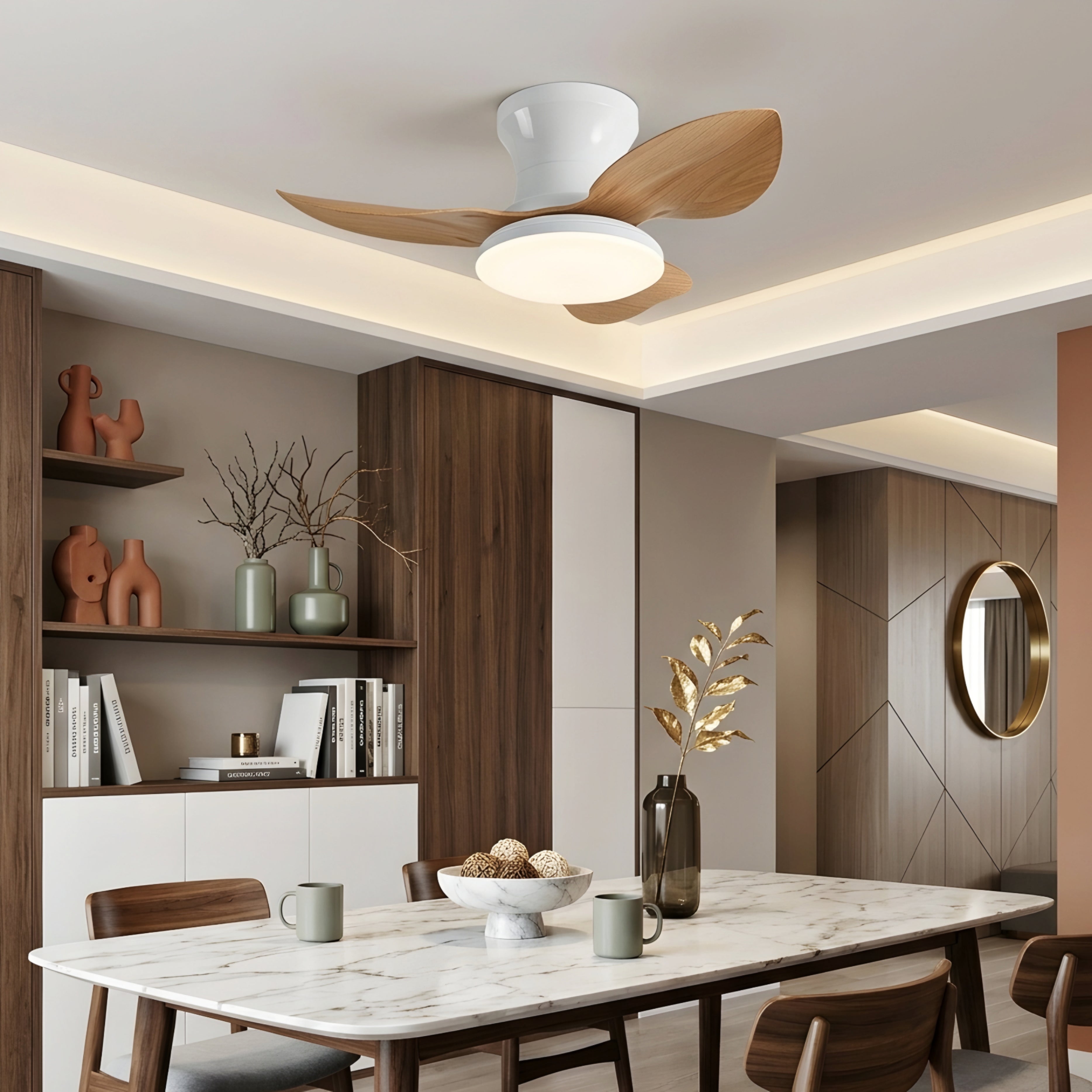 Brisen Halo Ceiling Fan – LED Light Wood Blade Modern Low Profile Flush Mount Bedroom Living Room