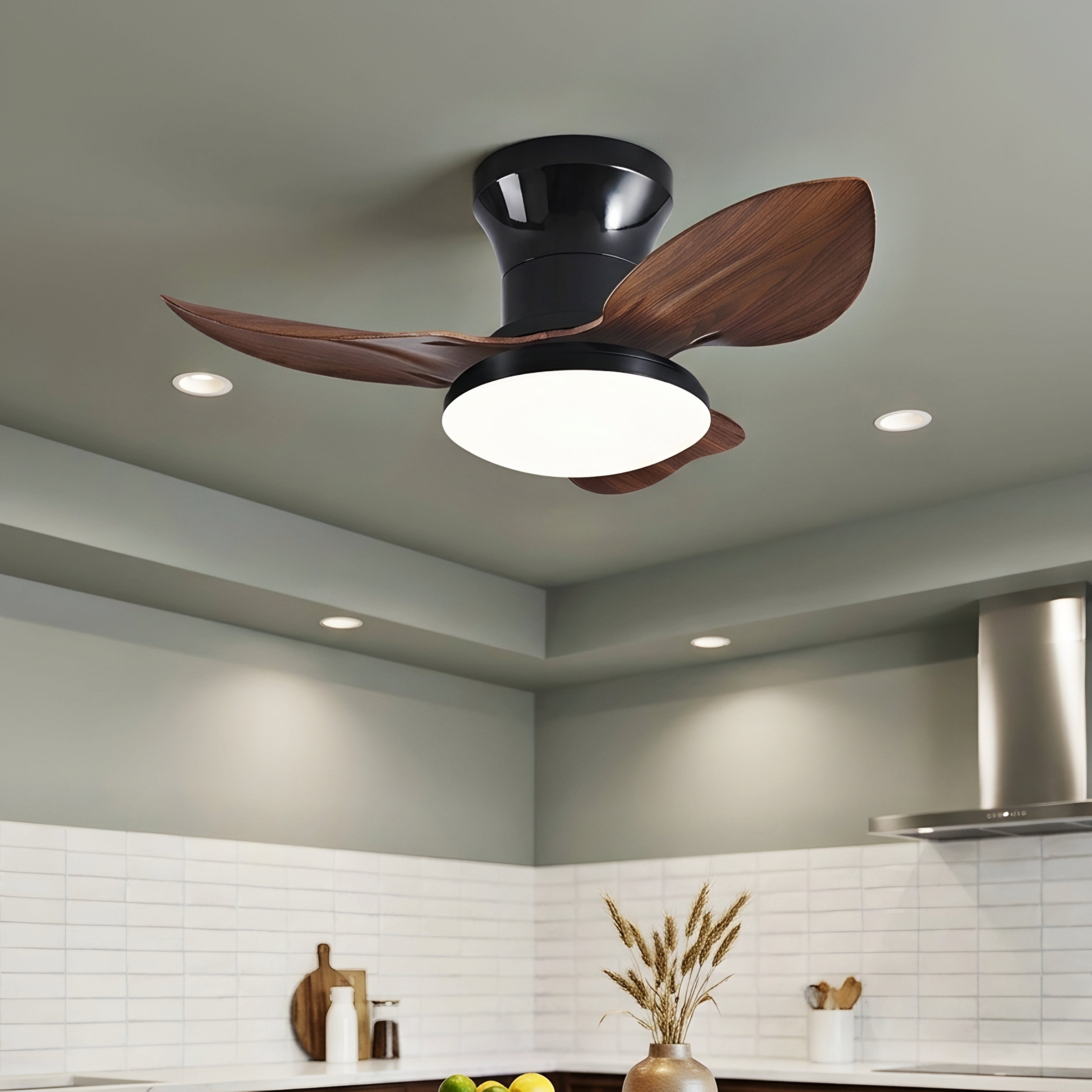 Brisen Halo Ceiling Fan – LED Light Wood Blade Modern Low Profile Flush Mount Bedroom Living Room