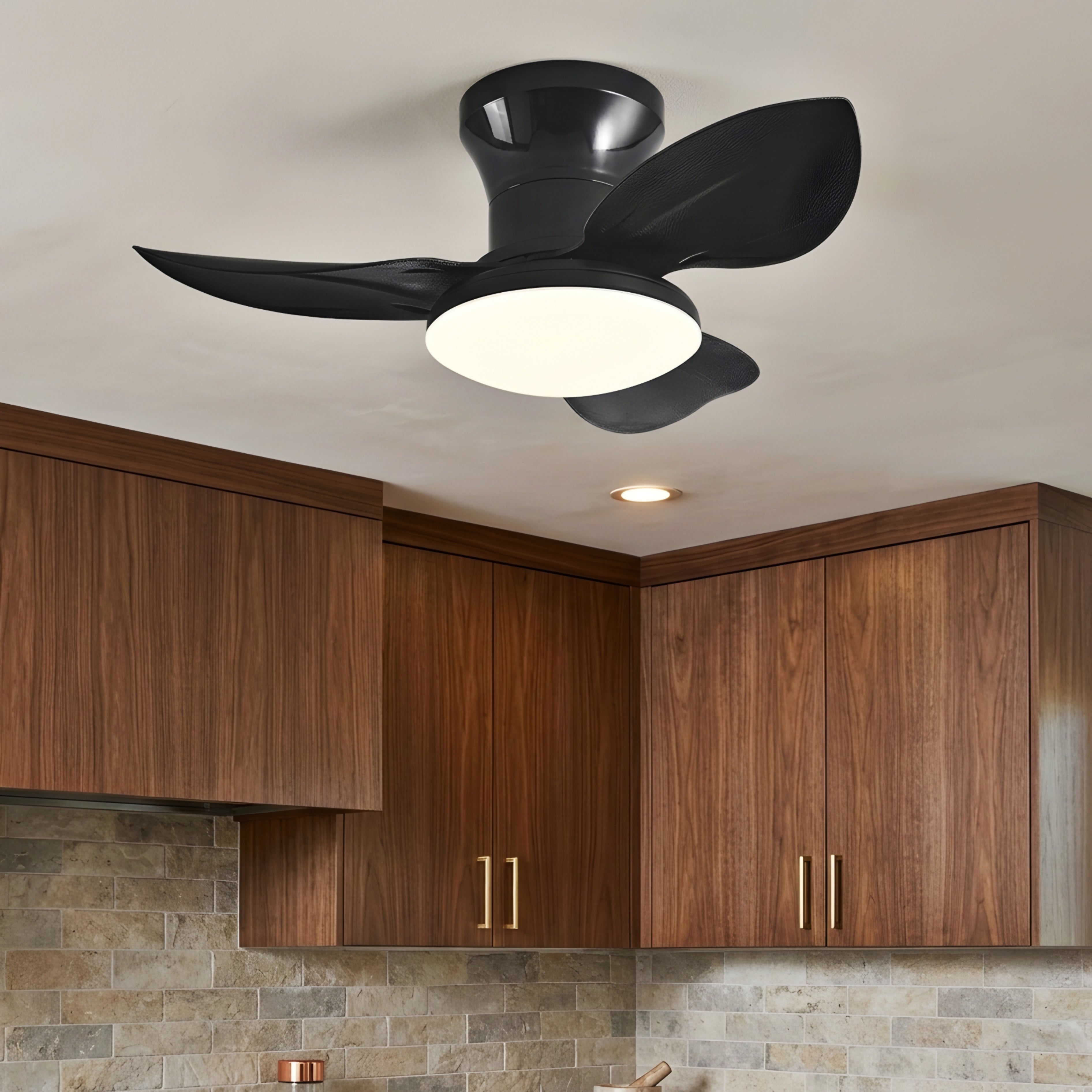 Brisen Halo Ceiling Fan – LED Light Wood Blade Modern Low Profile Flush Mount Bedroom Living Room