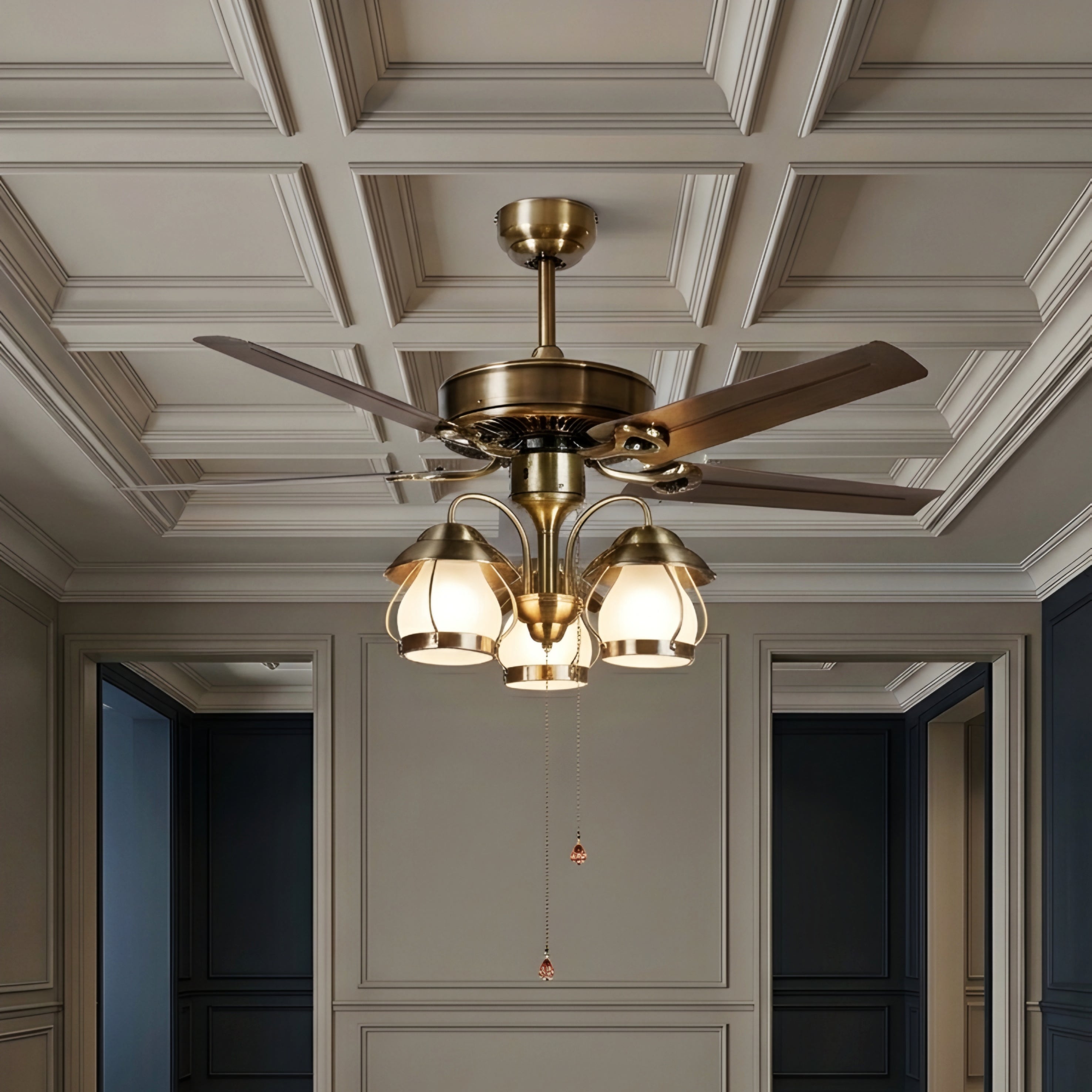 Breckton Ceiling Fan – Vintage Brass Wood Blade Chandelier Light Decorative Lighting Living Room Bedroom