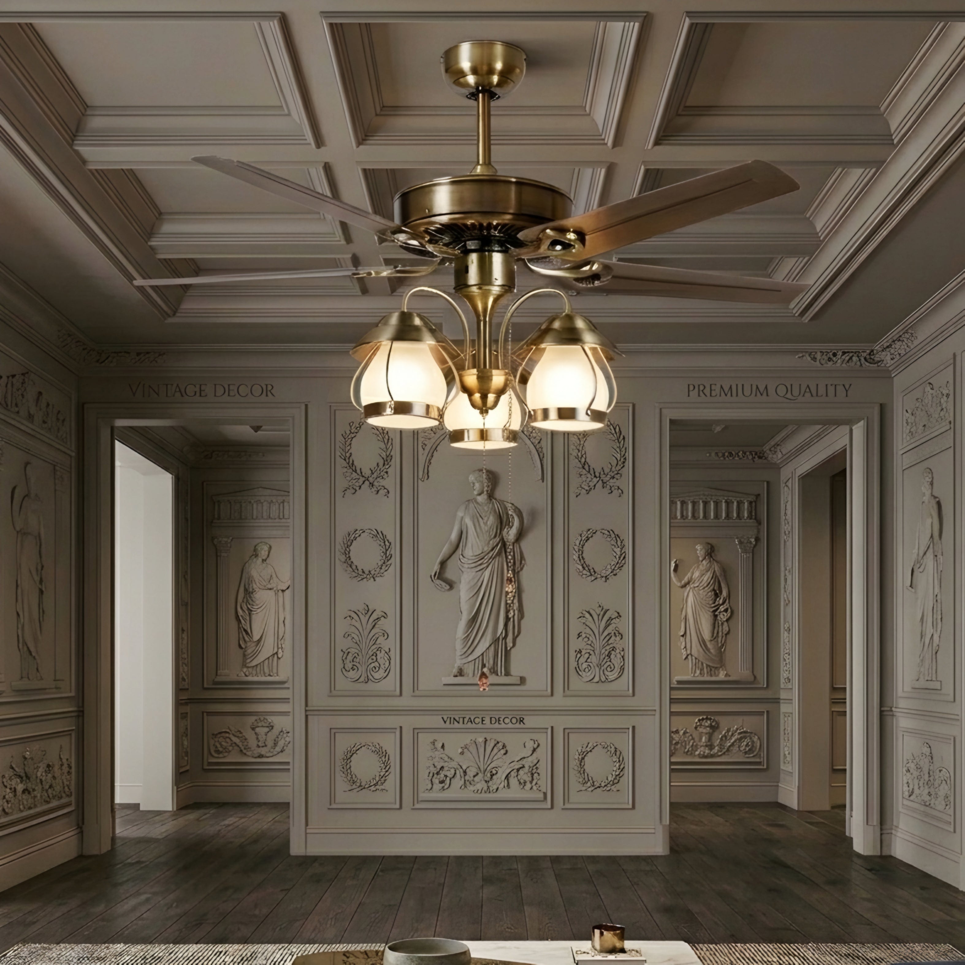 Breckton Ceiling Fan – Vintage Brass Wood Blade Chandelier Light Decorative Lighting Living Room Bedroom