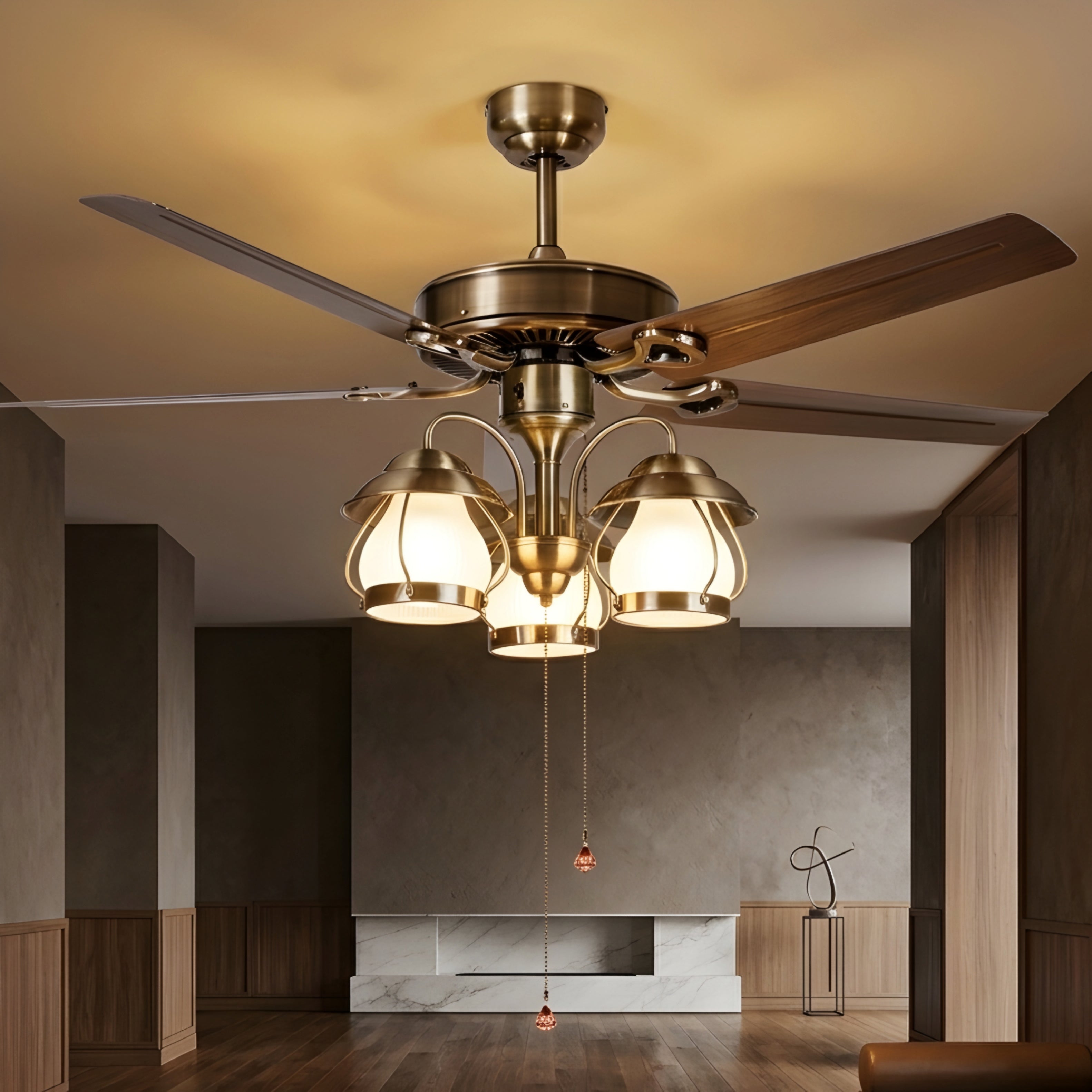 Breckton Ceiling Fan – Vintage Brass Wood Blade Chandelier Light Decorative Lighting Living Room Bedroom