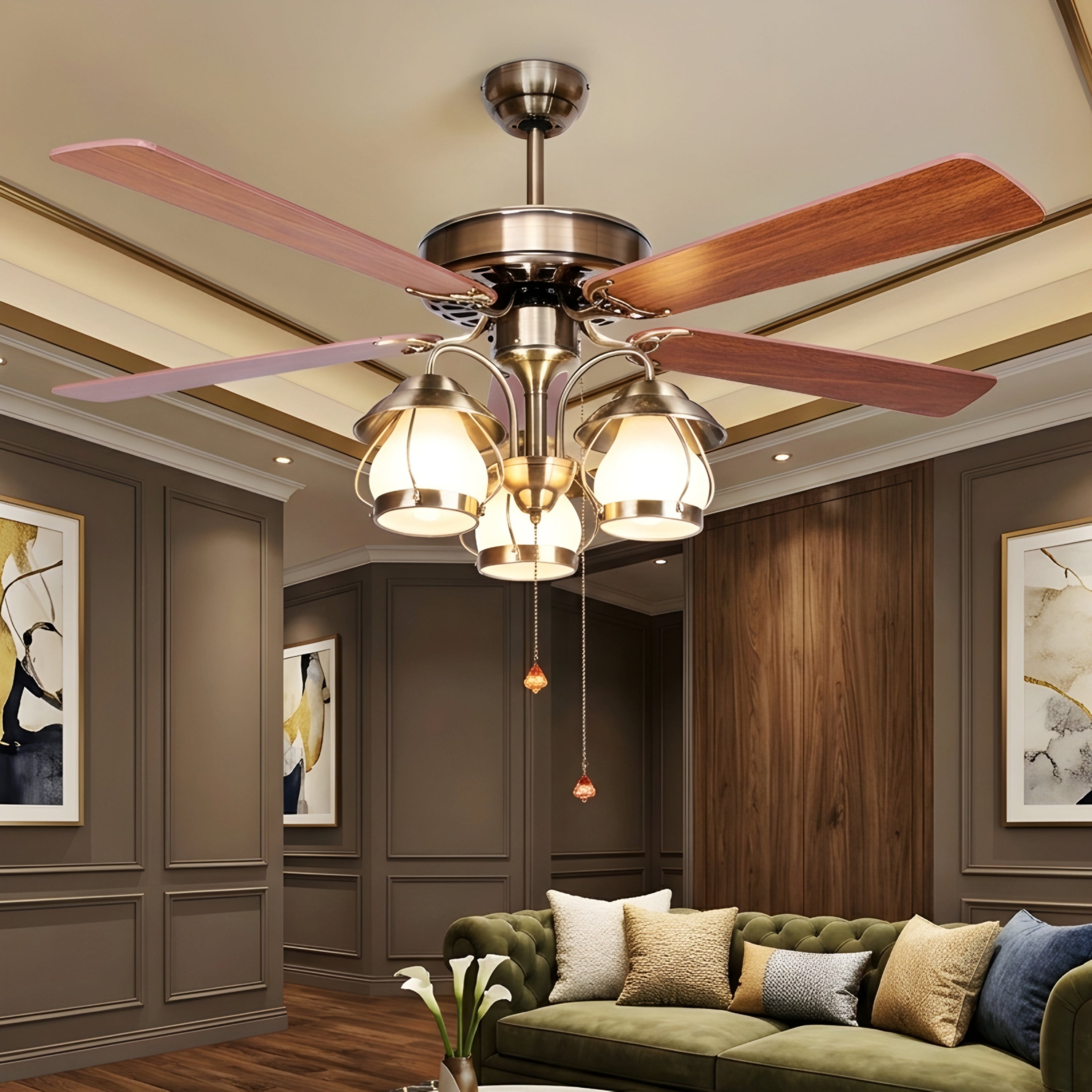 Breckton Ceiling Fan – Vintage Brass Wood Blade Chandelier Light Decorative Lighting Living Room Bedroom
