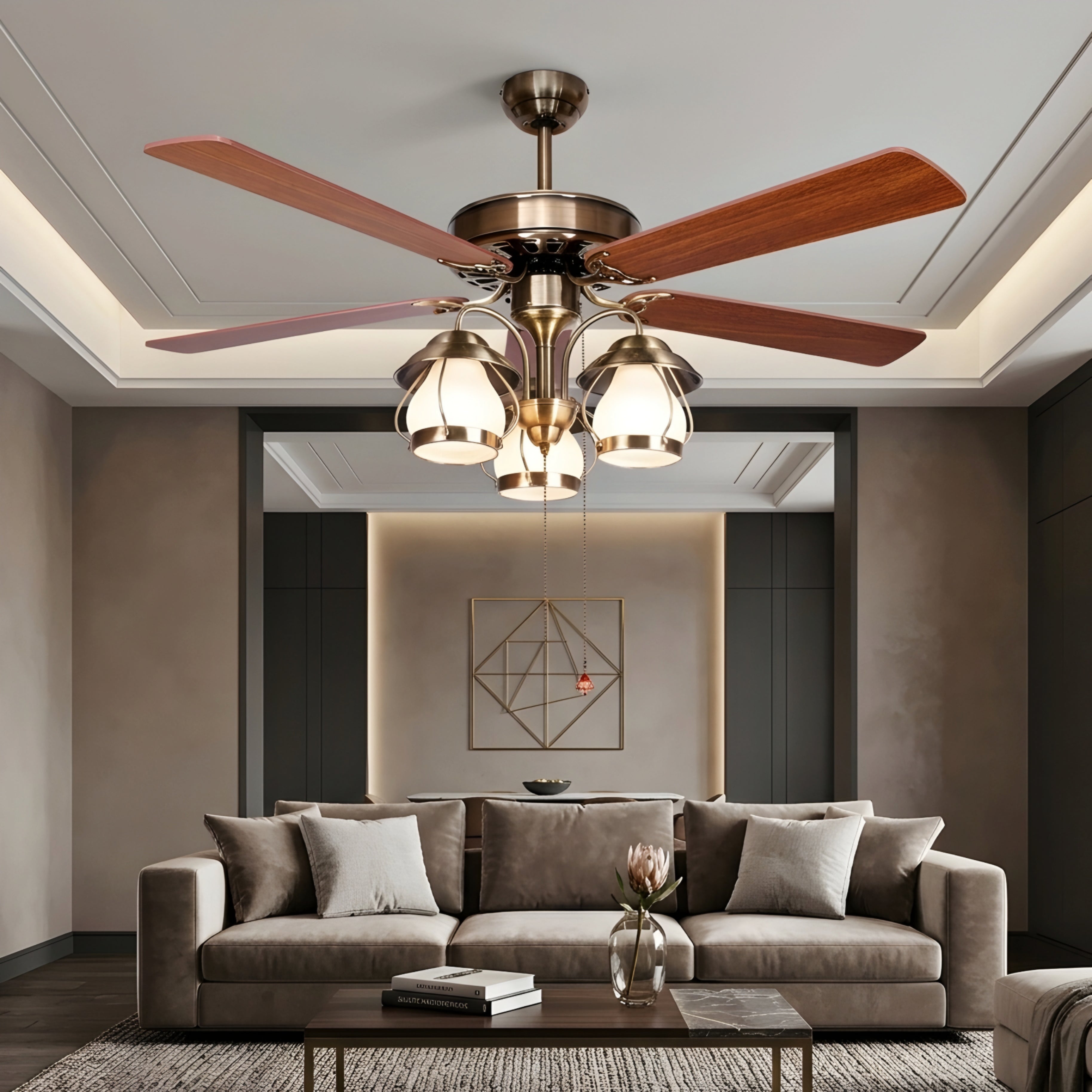 Breckton Ceiling Fan – Vintage Brass Wood Blade Chandelier Light Decorative Lighting Living Room Bedroom