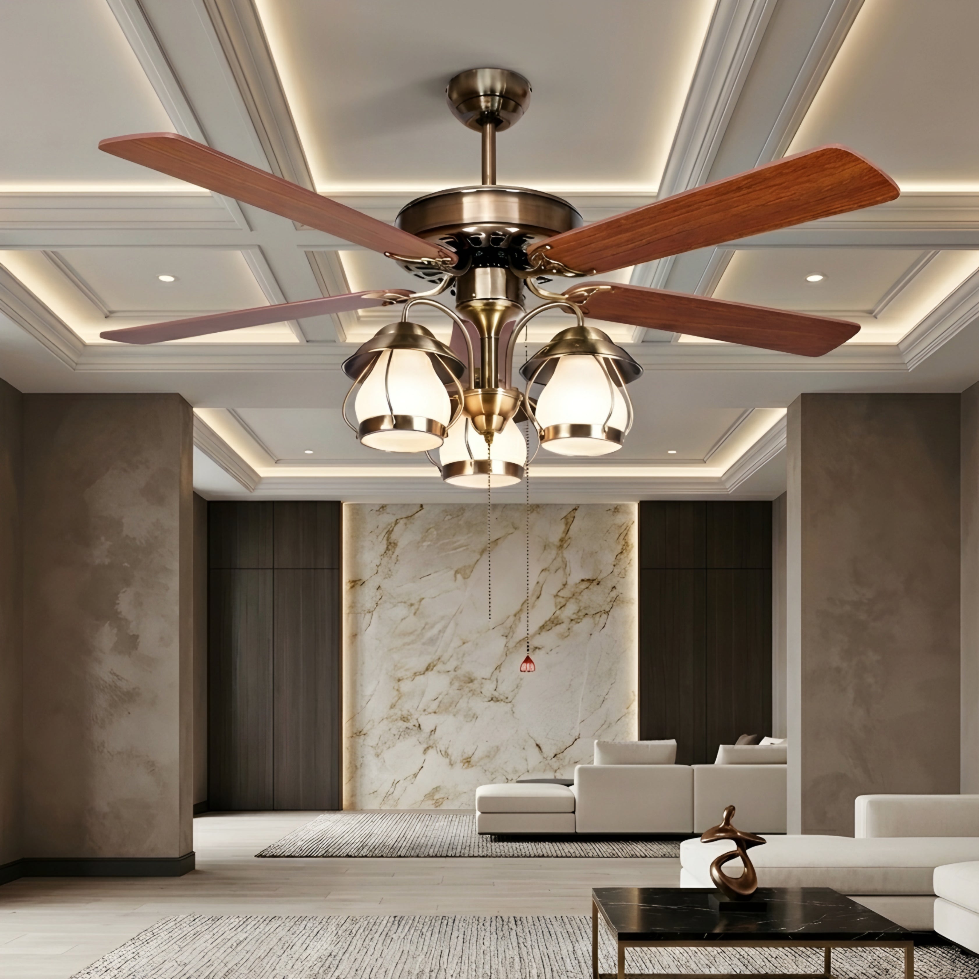 Breckton Ceiling Fan – Vintage Brass Wood Blade Chandelier Light Decorative Lighting Living Room Bedroom