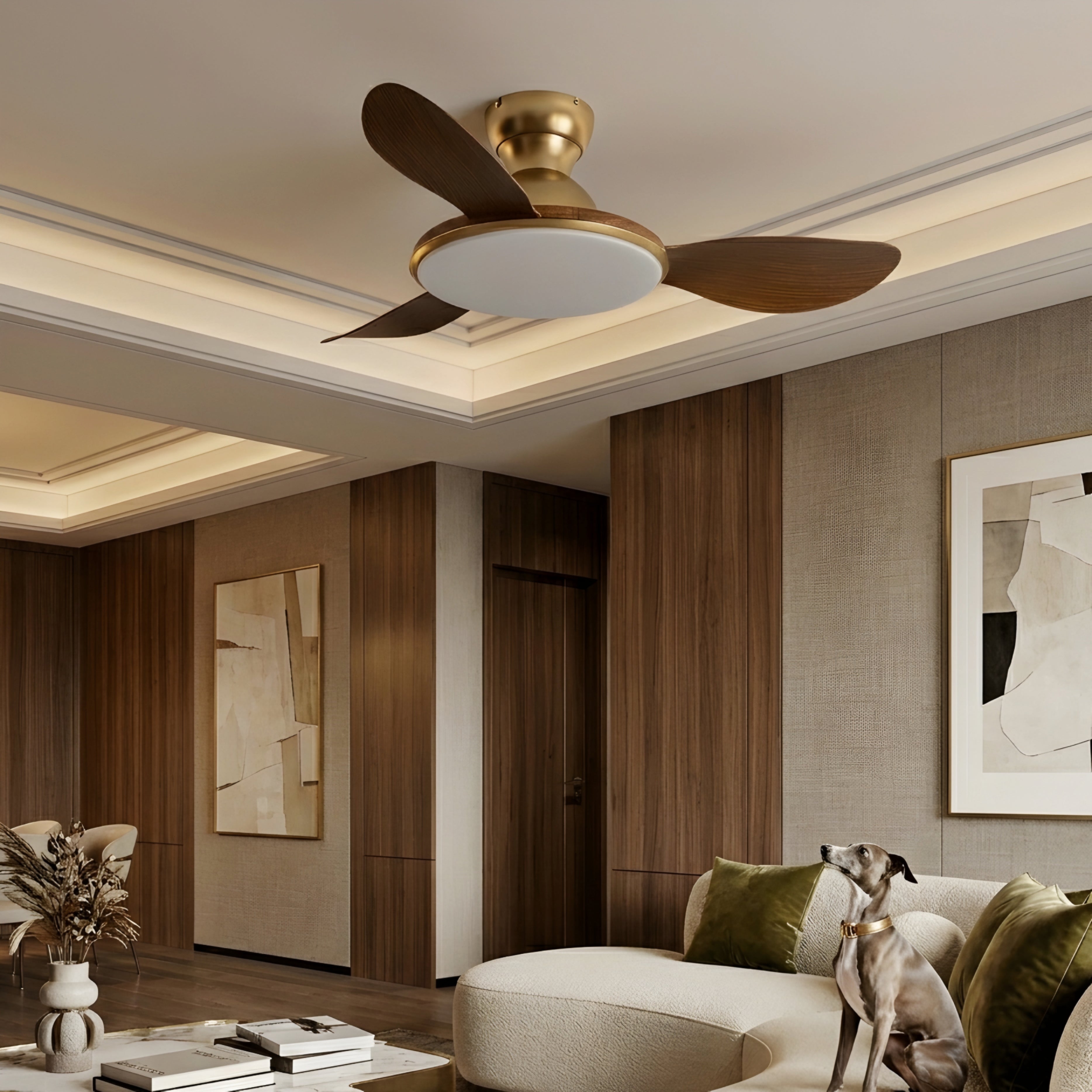 Bravyn Ceiling Fan Light – Modern Low Profile Flush Mount LED Integrated Wood Blade Walnut Brass