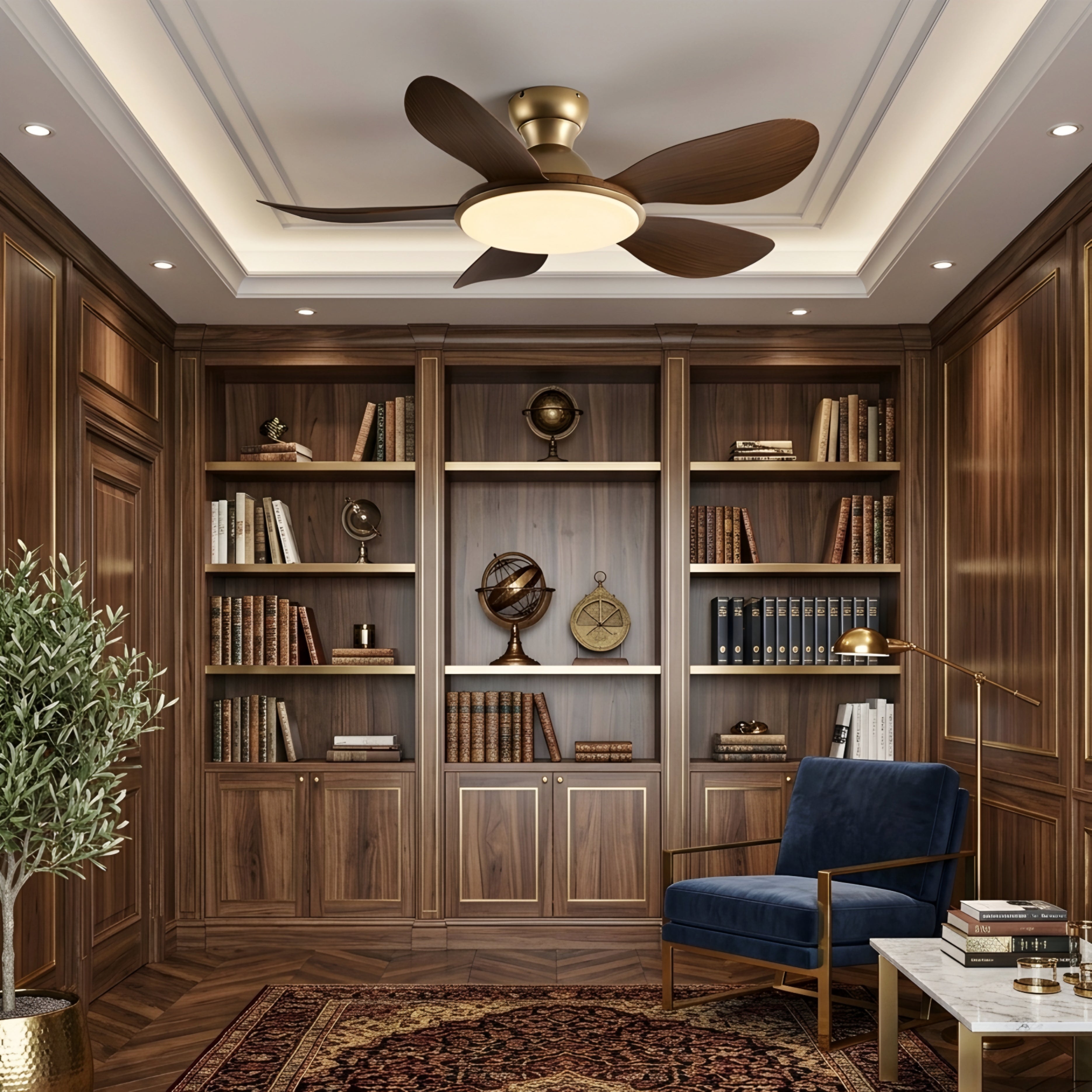 Bravyn Ceiling Fan Light – Modern Low Profile Flush Mount LED Integrated Wood Blade Walnut Brass