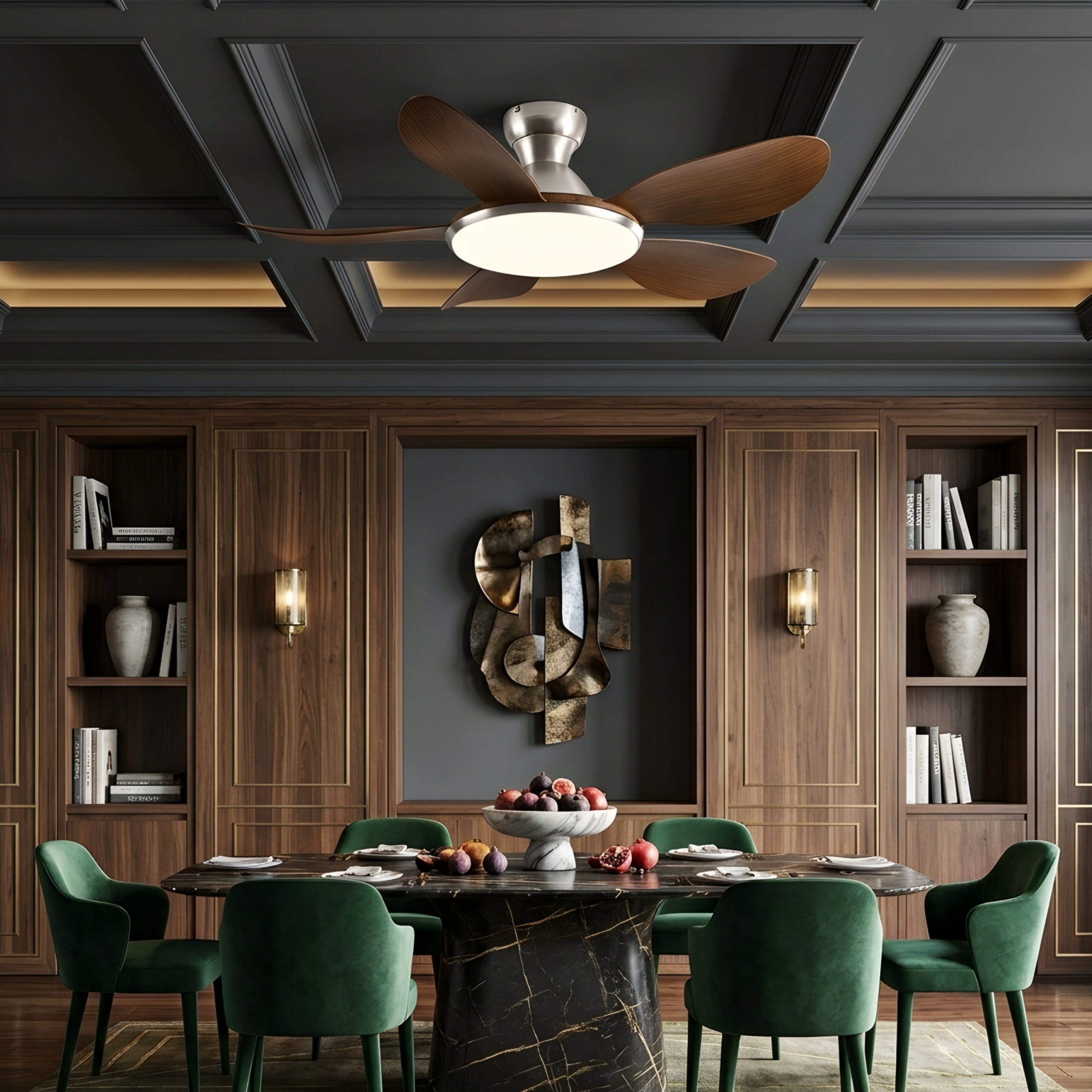 Bravyn Ceiling Fan Light – Modern Low Profile Flush Mount LED Integrated Wood Blade Walnut Brass