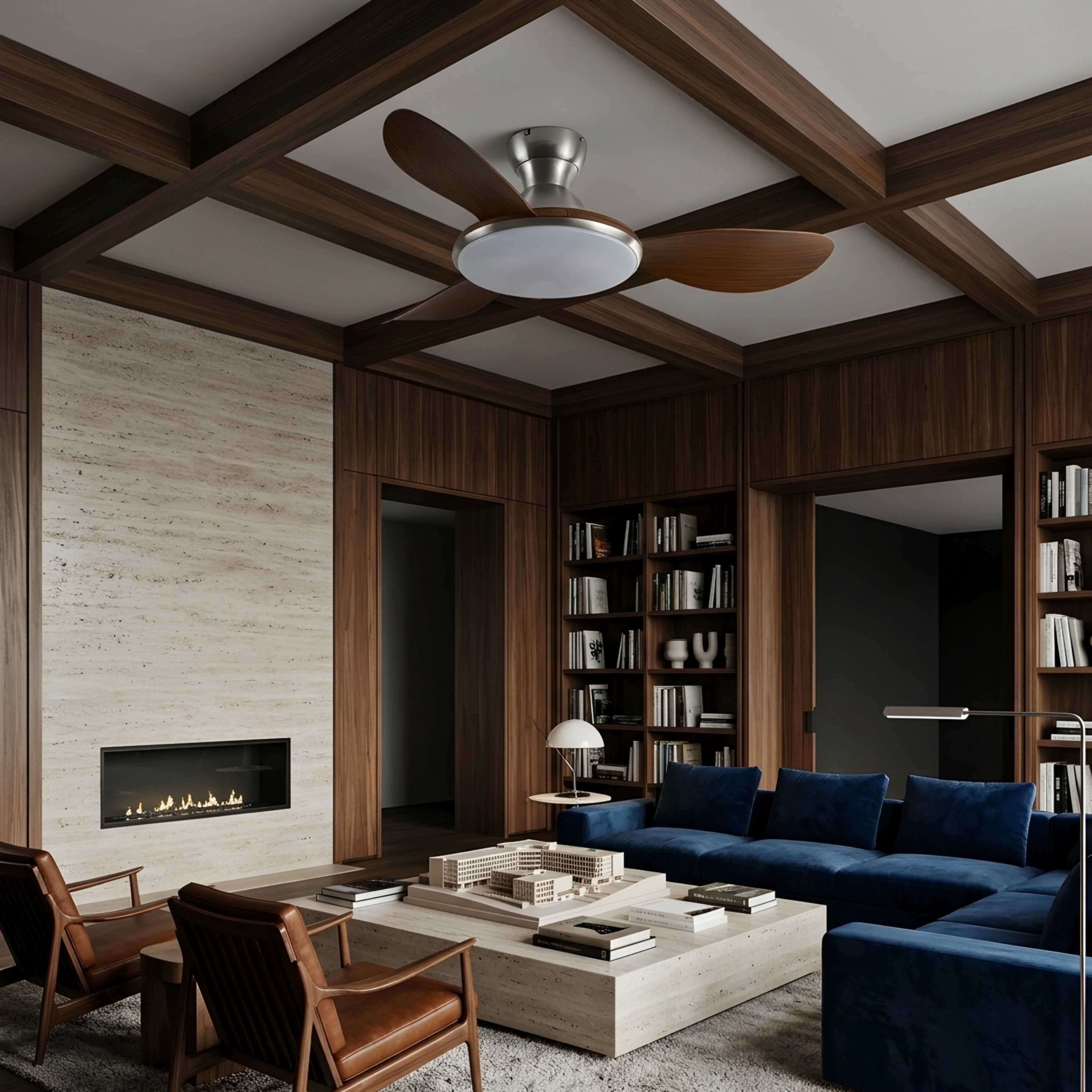 Bravyn Ceiling Fan Light – Modern Low Profile Flush Mount LED Integrated Wood Blade Walnut Brass