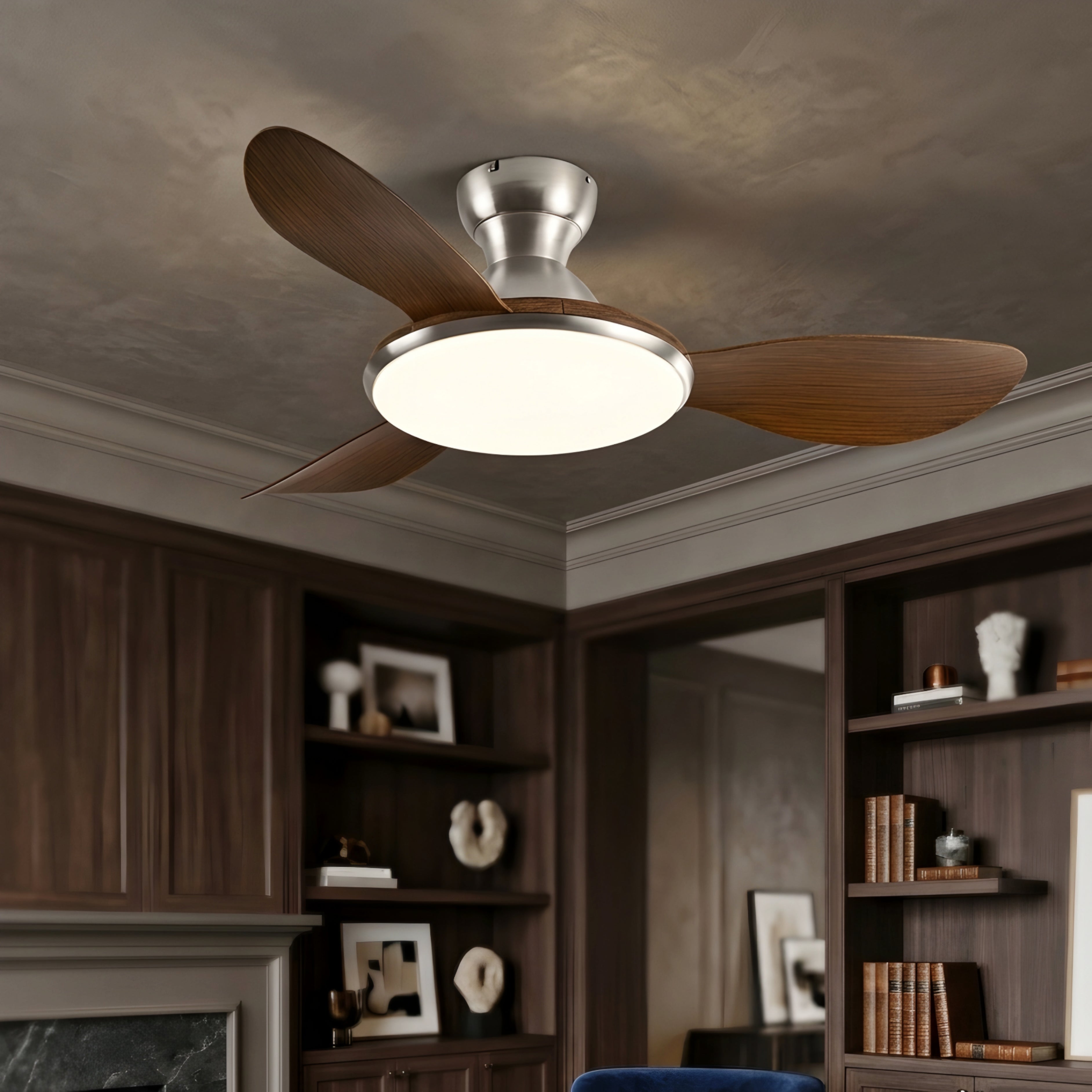 Bravyn Ceiling Fan Light – Modern Low Profile Flush Mount LED Integrated Wood Blade Walnut Brass