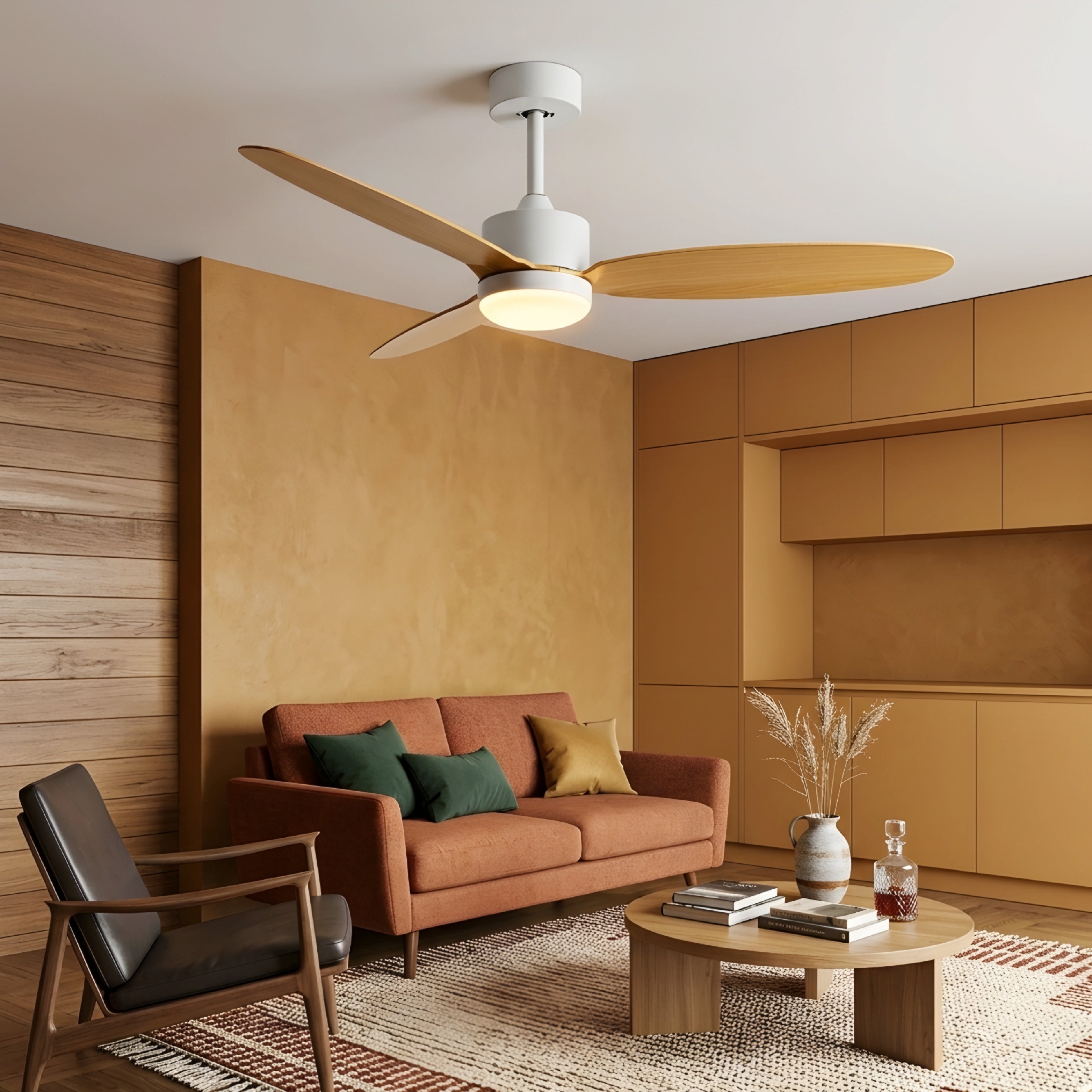 Hexton Aero Ceiling Fan – Modern Wood Finish Bedroom Living Room LED Light Remote Control Quiet