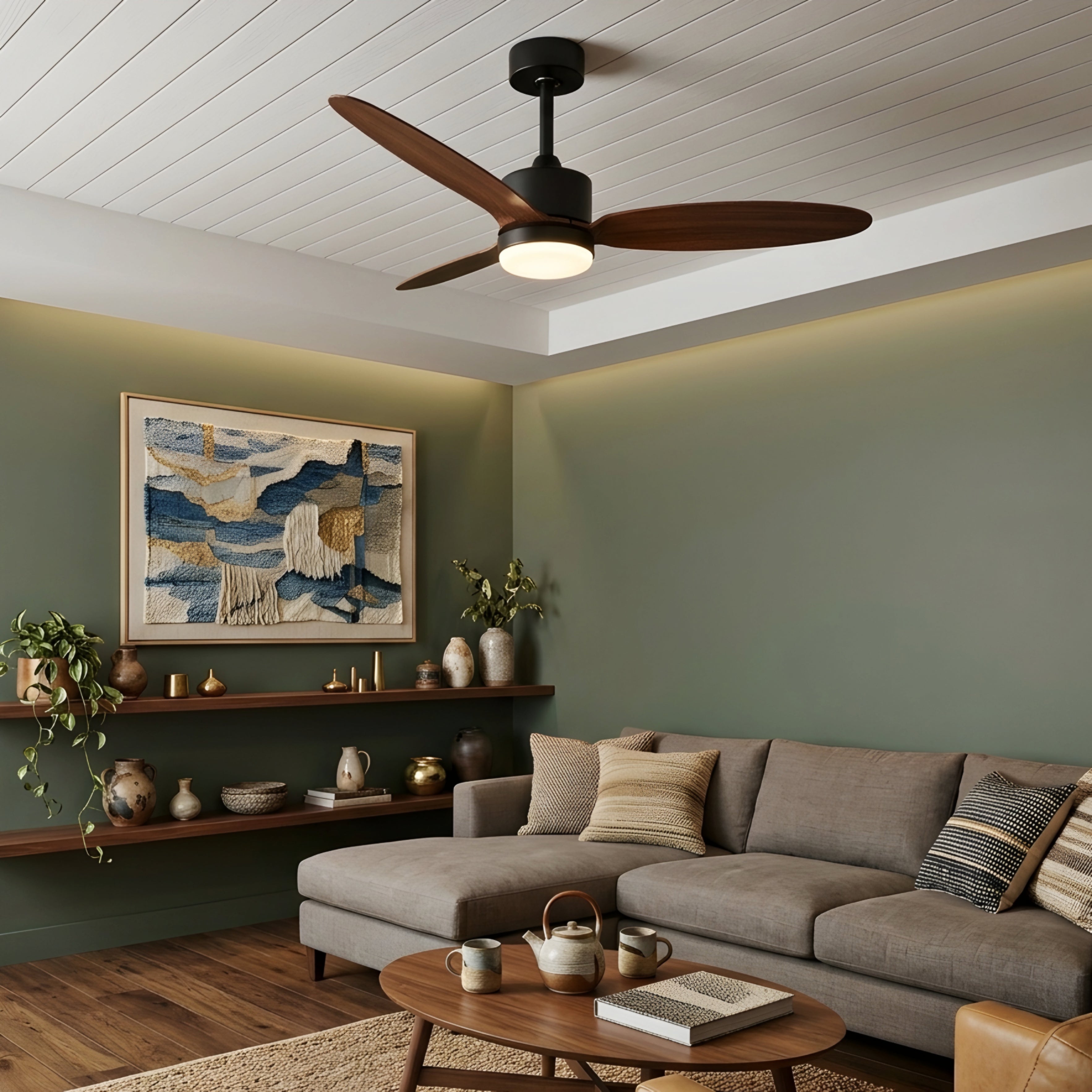 Hexton Aero Ceiling Fan – Modern Wood Finish Bedroom Living Room LED Light Remote Control Quiet