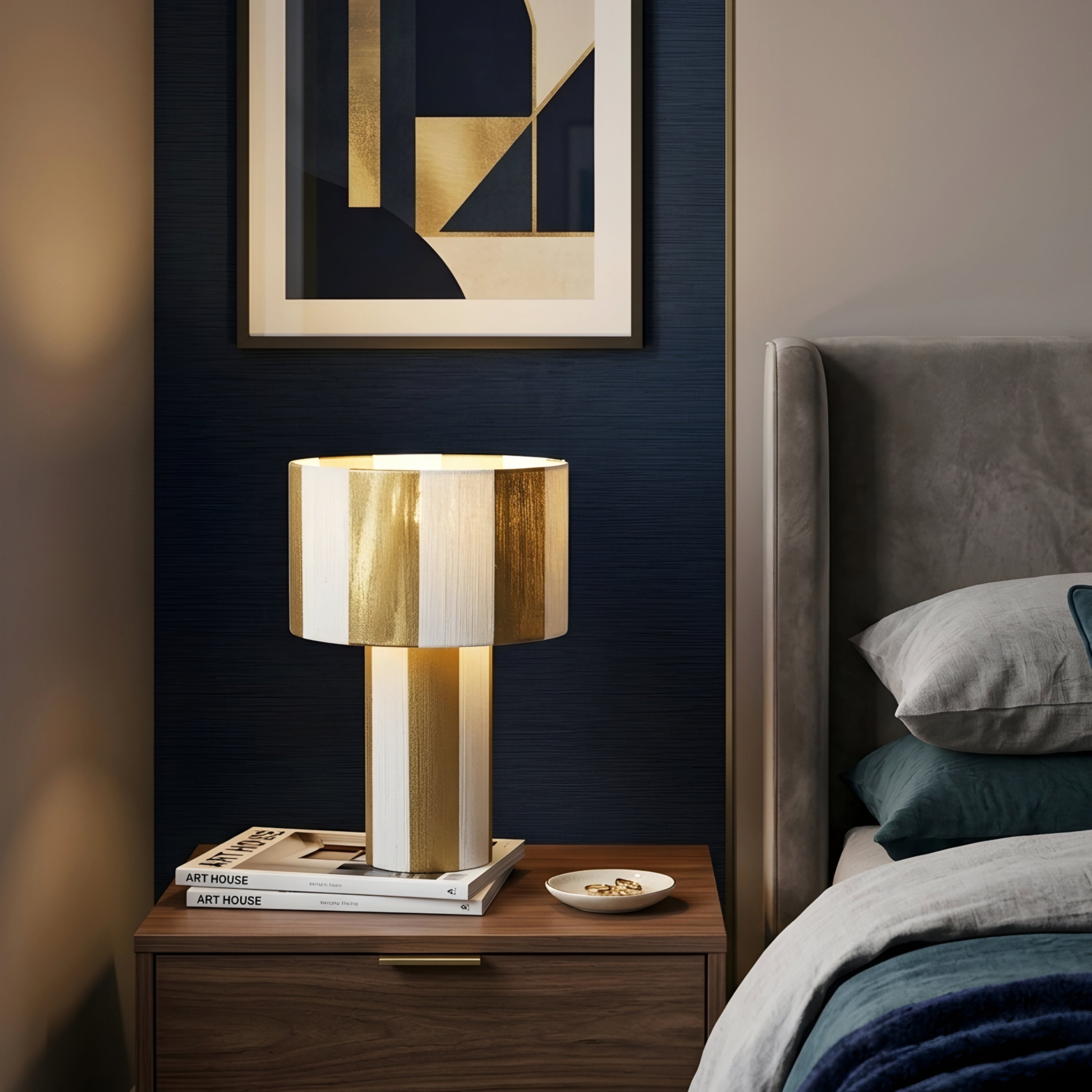 Stratum Table Lamp – Modern Decorative Table Living Room Lamps Gold Cream Striped Cylindrical Bedroom