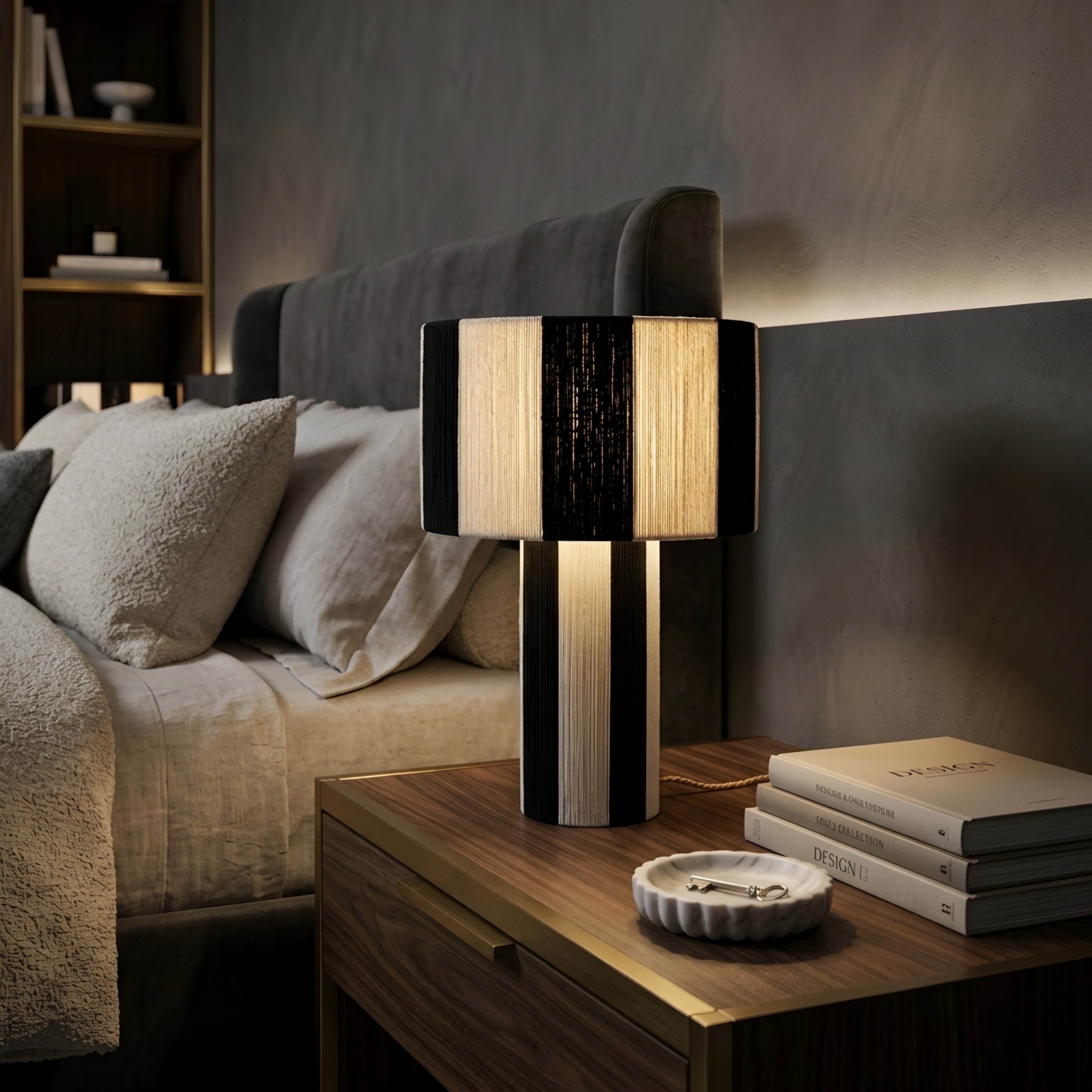 Stratum Table Lamp – Modern Decorative Table Living Room Lamps Gold Cream Striped Cylindrical Bedroom