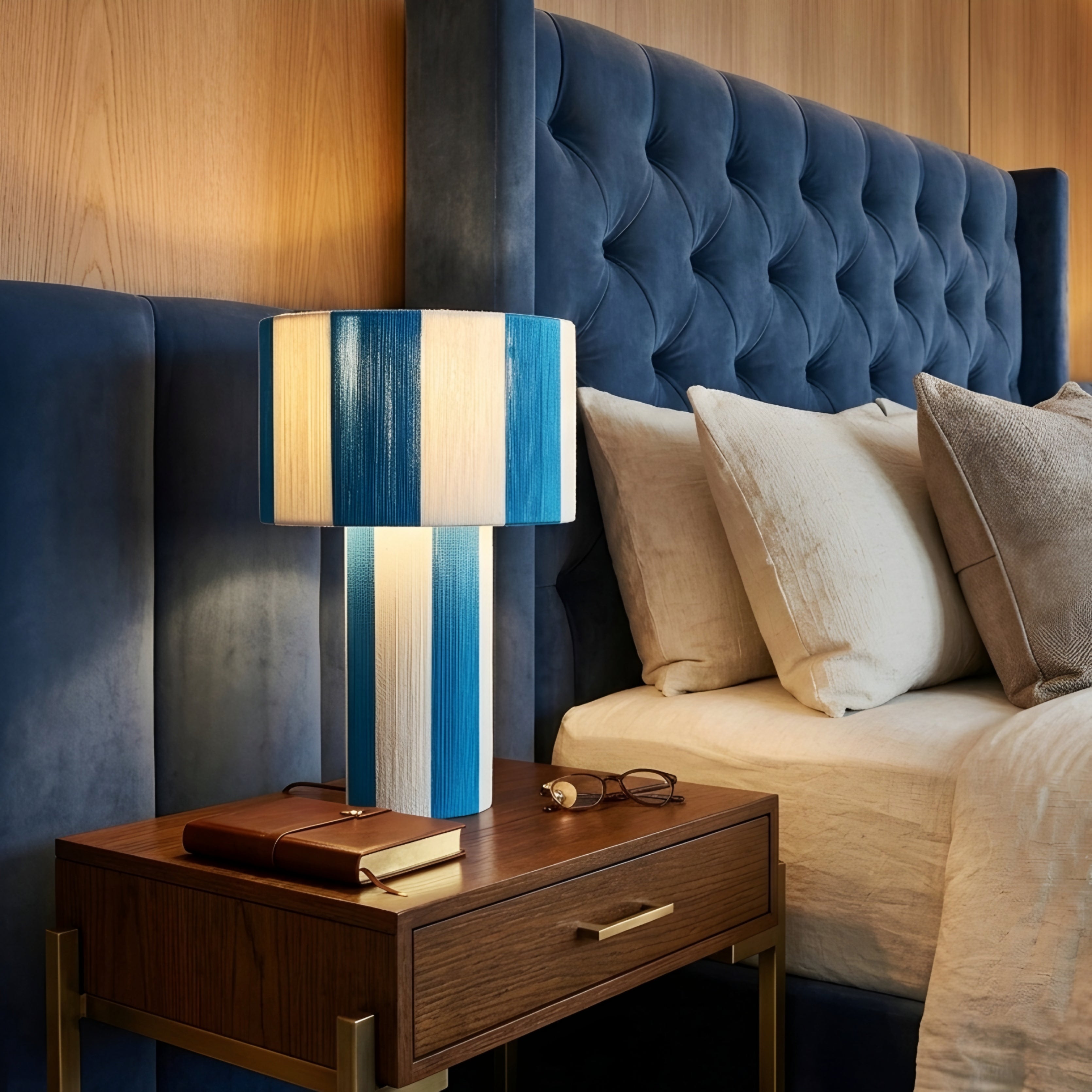 Stratum Table Lamp – Modern Decorative Table Living Room Lamps Gold Cream Striped Cylindrical Bedroom