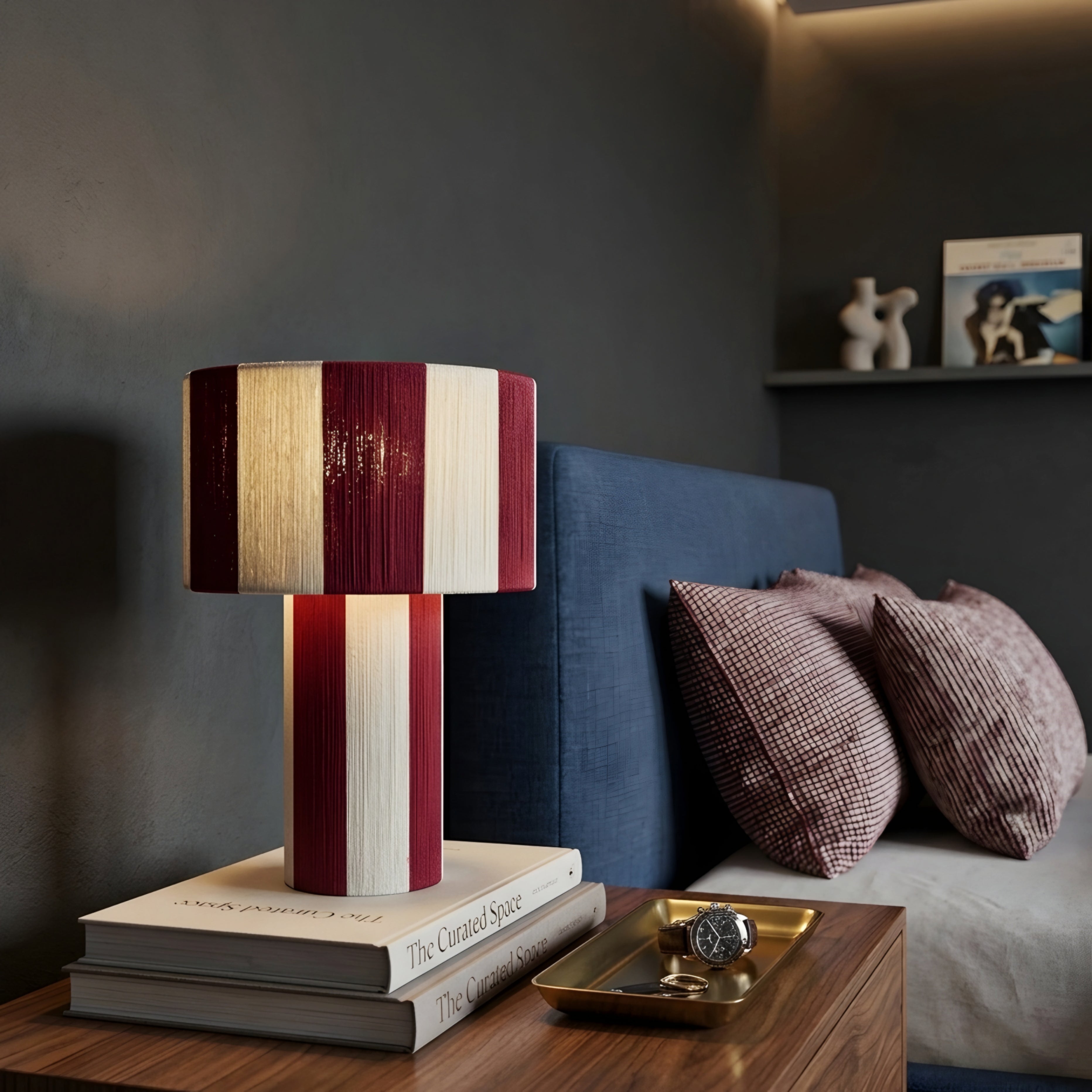 Stratum Table Lamp – Modern Decorative Table Living Room Lamps Gold Cream Striped Cylindrical Bedroom