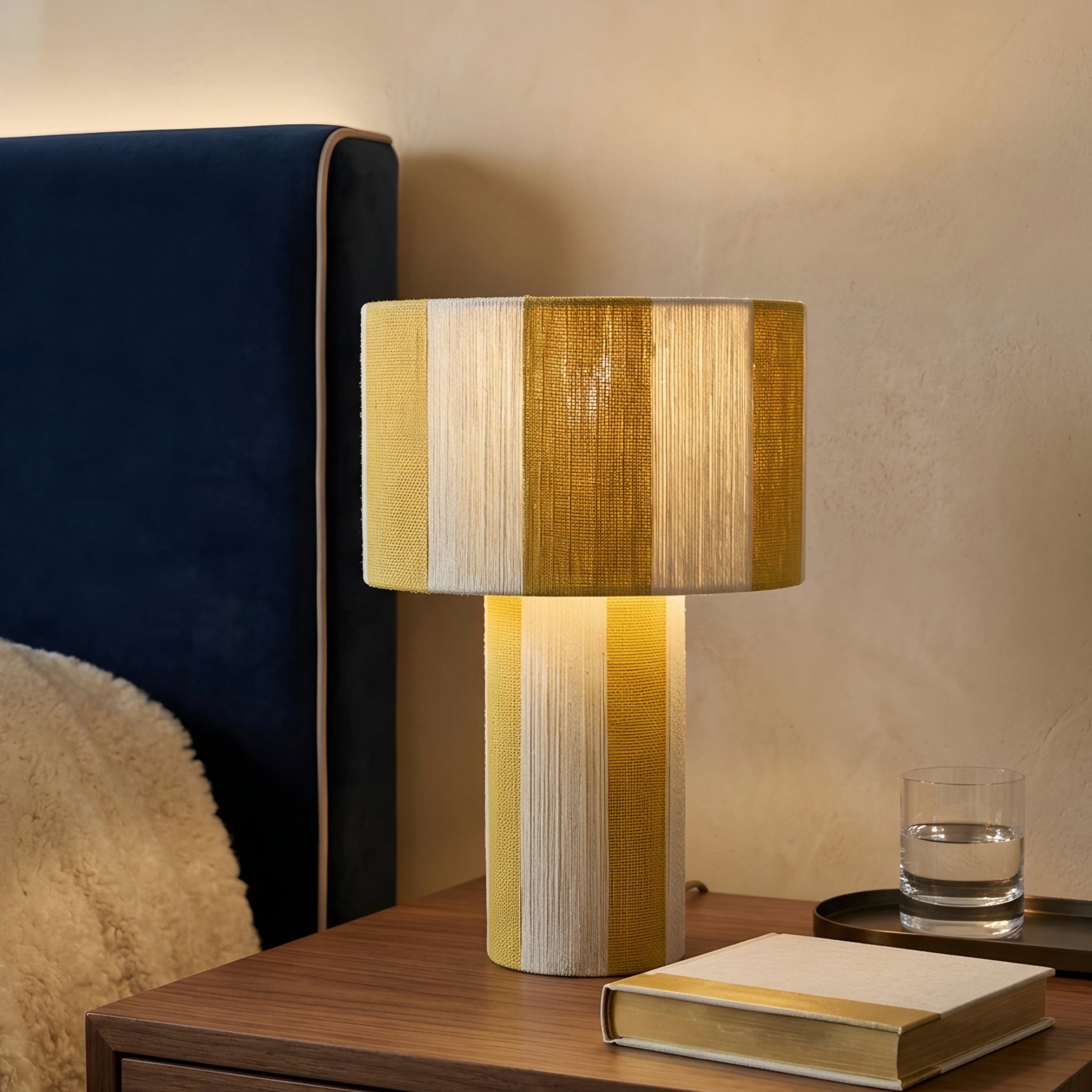 Stratum Table Lamp – Modern Decorative Table Living Room Lamps Gold Cream Striped Cylindrical Bedroom
