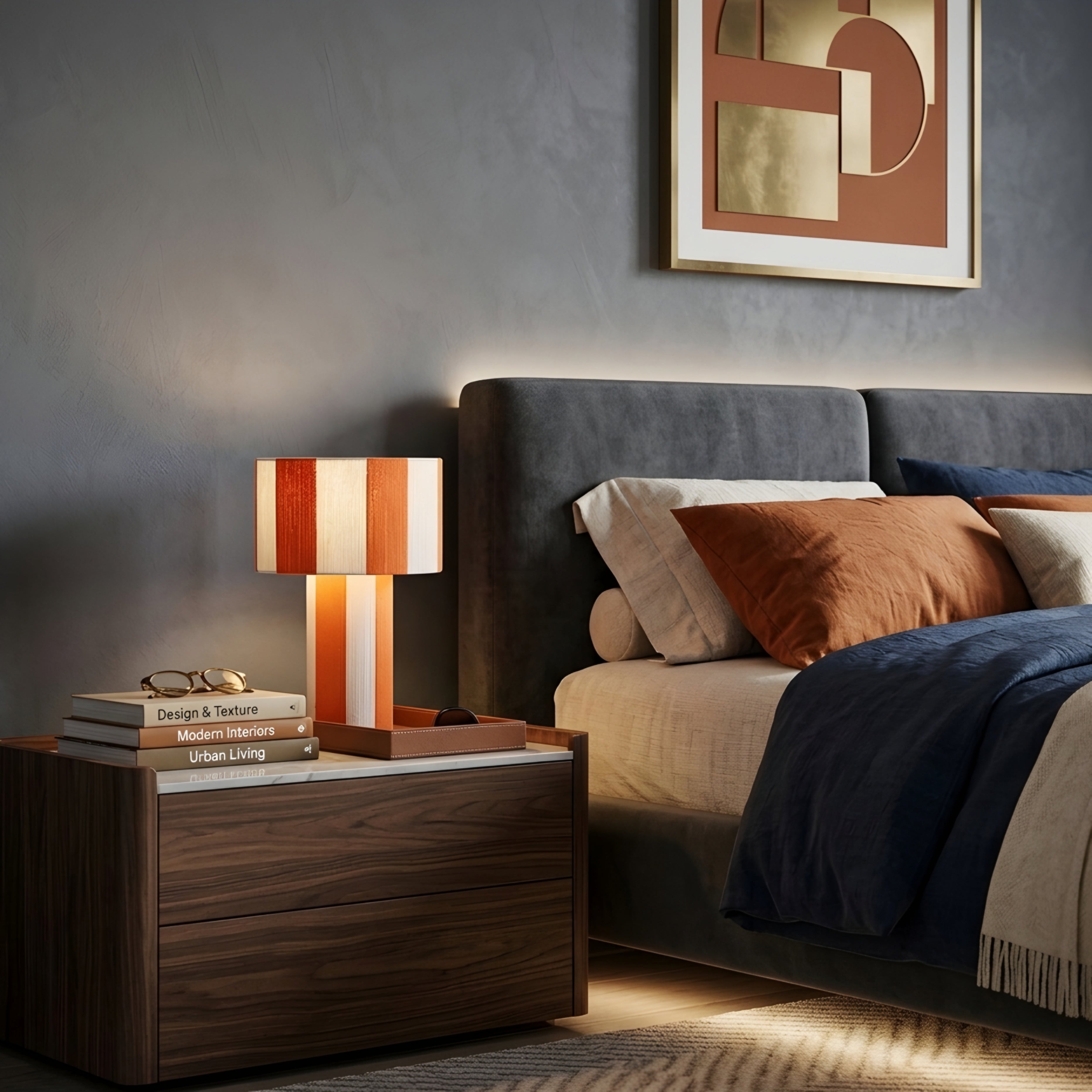 Stratum Table Lamp – Modern Decorative Table Living Room Lamps Gold Cream Striped Cylindrical Bedroom