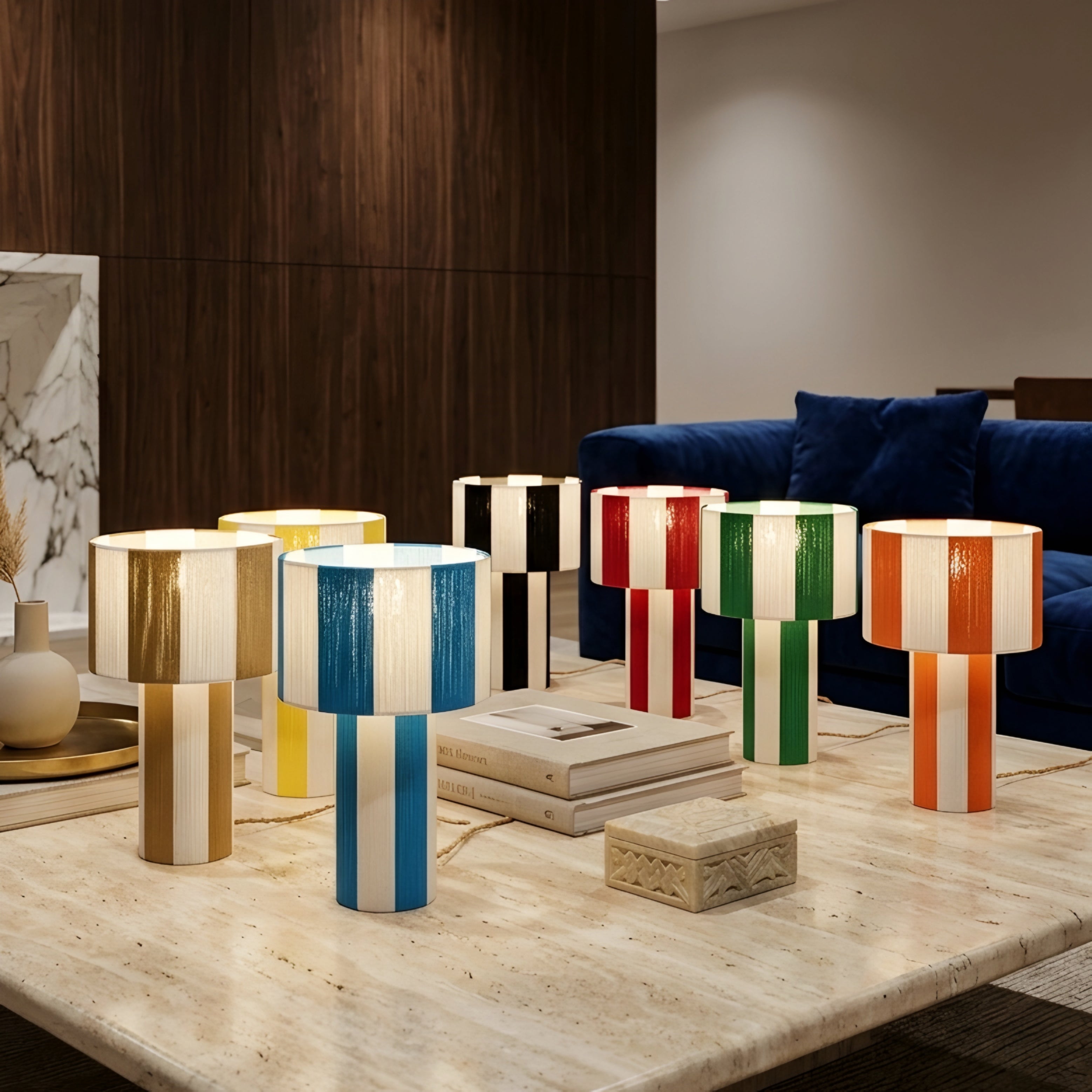 Stratum Table Lamp – Modern Decorative Table Living Room Lamps Gold Cream Striped Cylindrical Bedroom