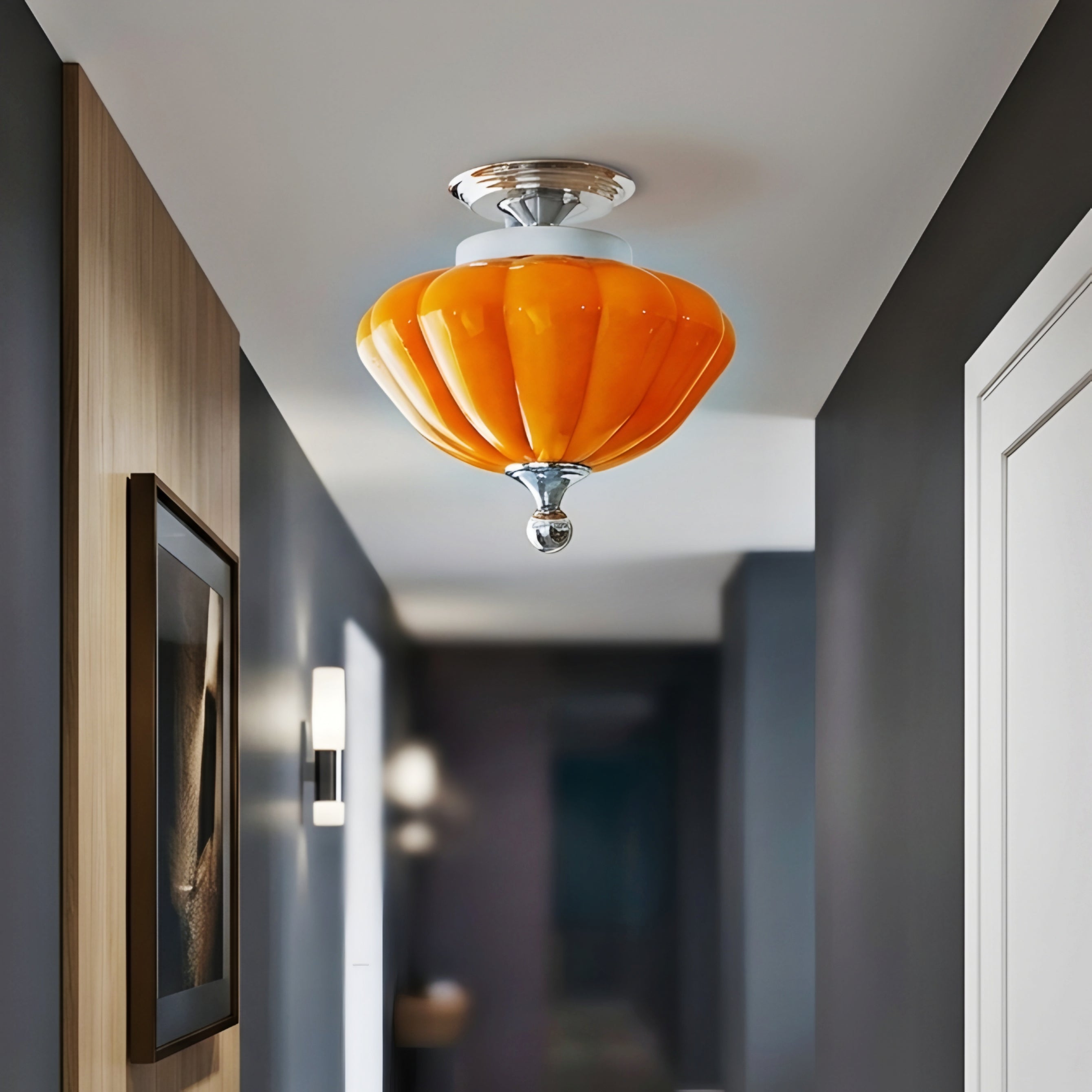 Valora Shell Ceiling Light – Semi Flush Mount Orange Glass Decorative Lighting Chrome Fixture
