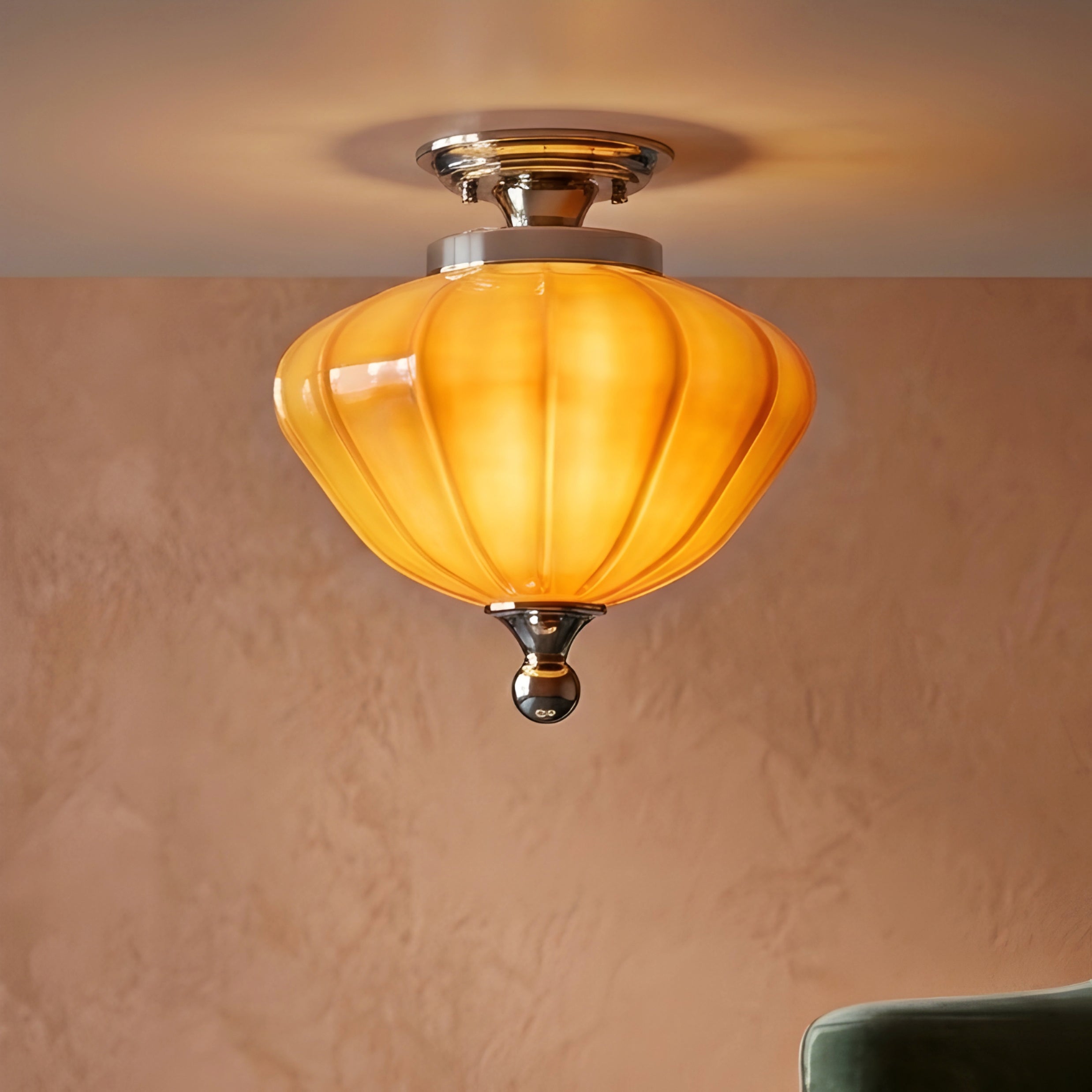 Valora Shell Ceiling Light – Semi Flush Mount Orange Glass Decorative Lighting Chrome Fixture