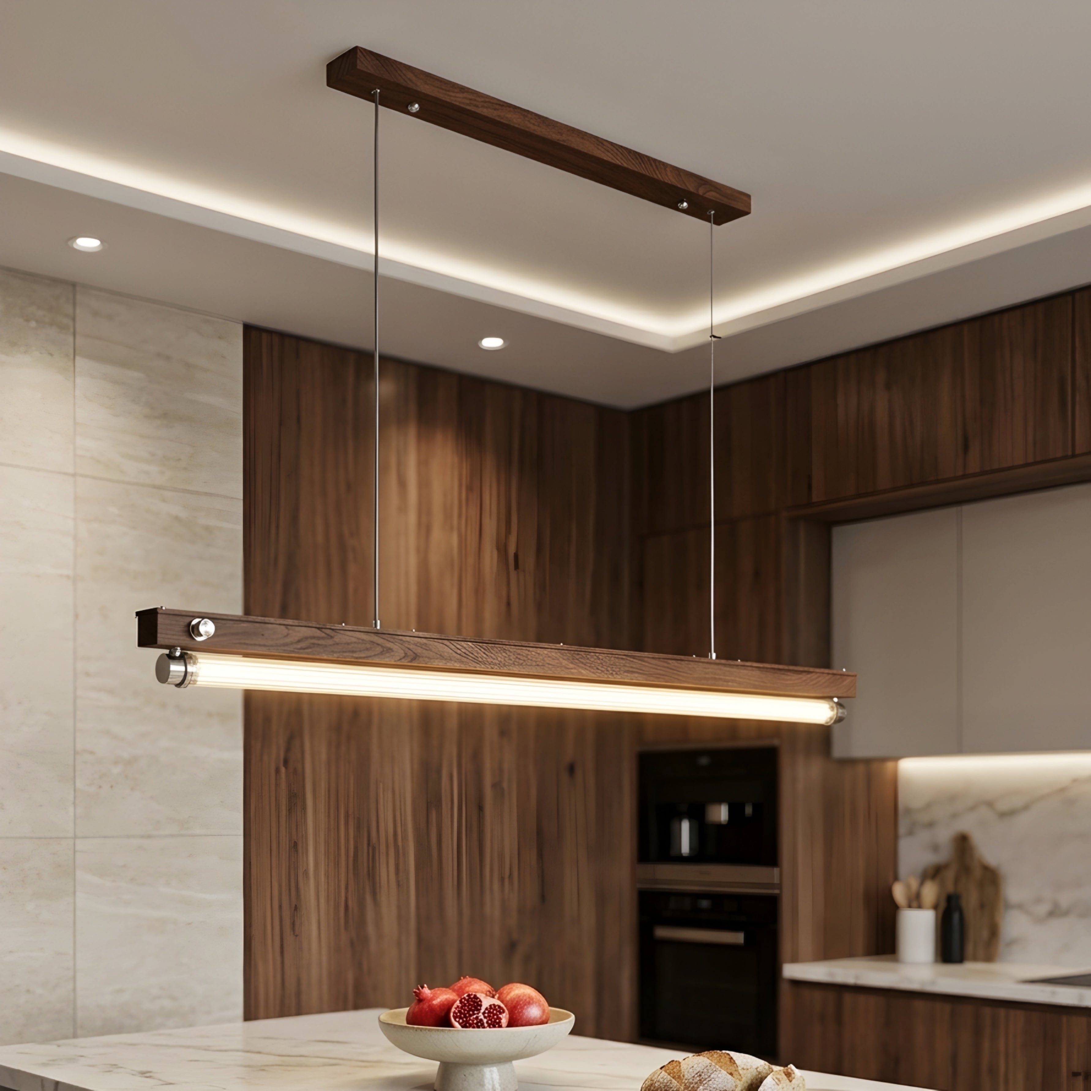 Ashwick Linear Pendant Light – Industrial Wood Tube Dining Kitchen Island Chandelier Decorative Lighting