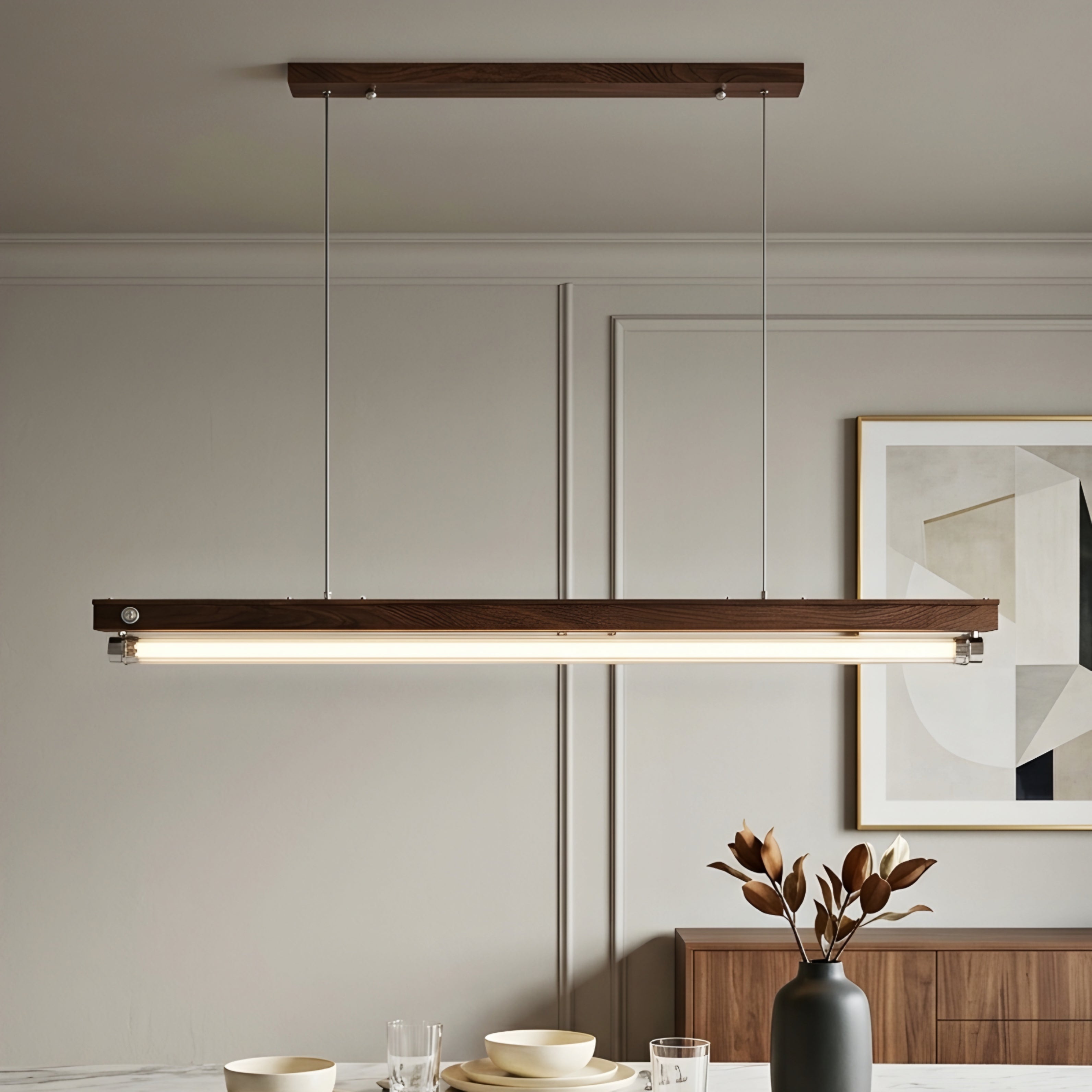 Ashwick Linear Pendant Light – Industrial Wood Tube Dining Kitchen Island Chandelier Decorative Lighting