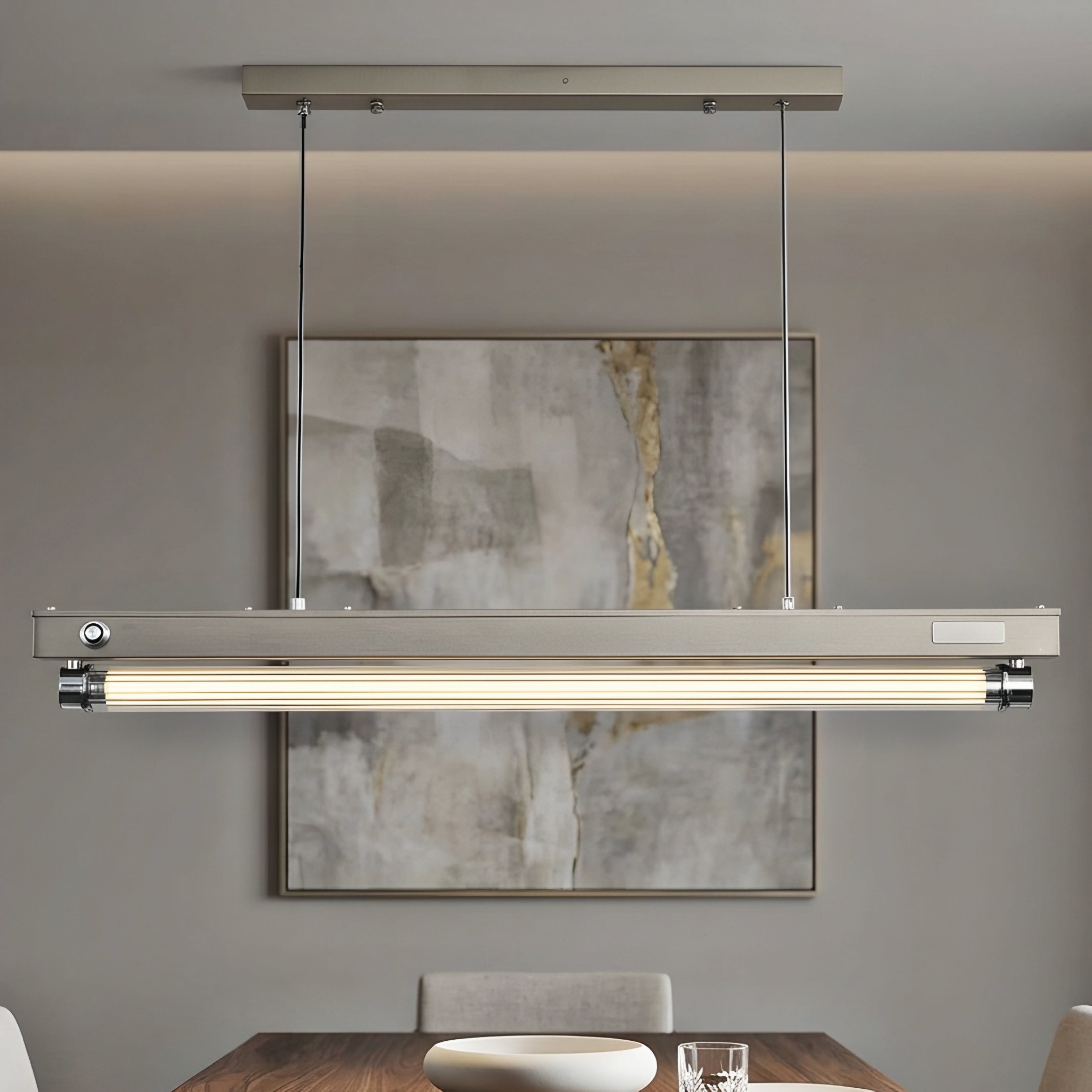 Ashwick Linear Pendant Light – Industrial Wood Tube Dining Kitchen Island Chandelier Decorative Lighting
