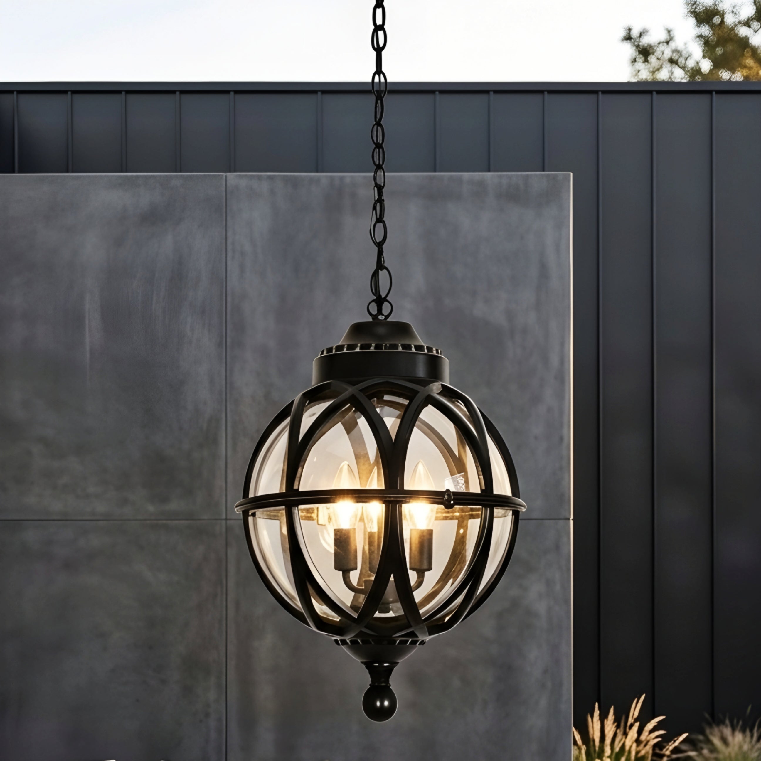 Garvion Sphere Pendant Light – Outdoor Black Metal Cage Globe Chandelier Porch Entryway Decorative Lighting
