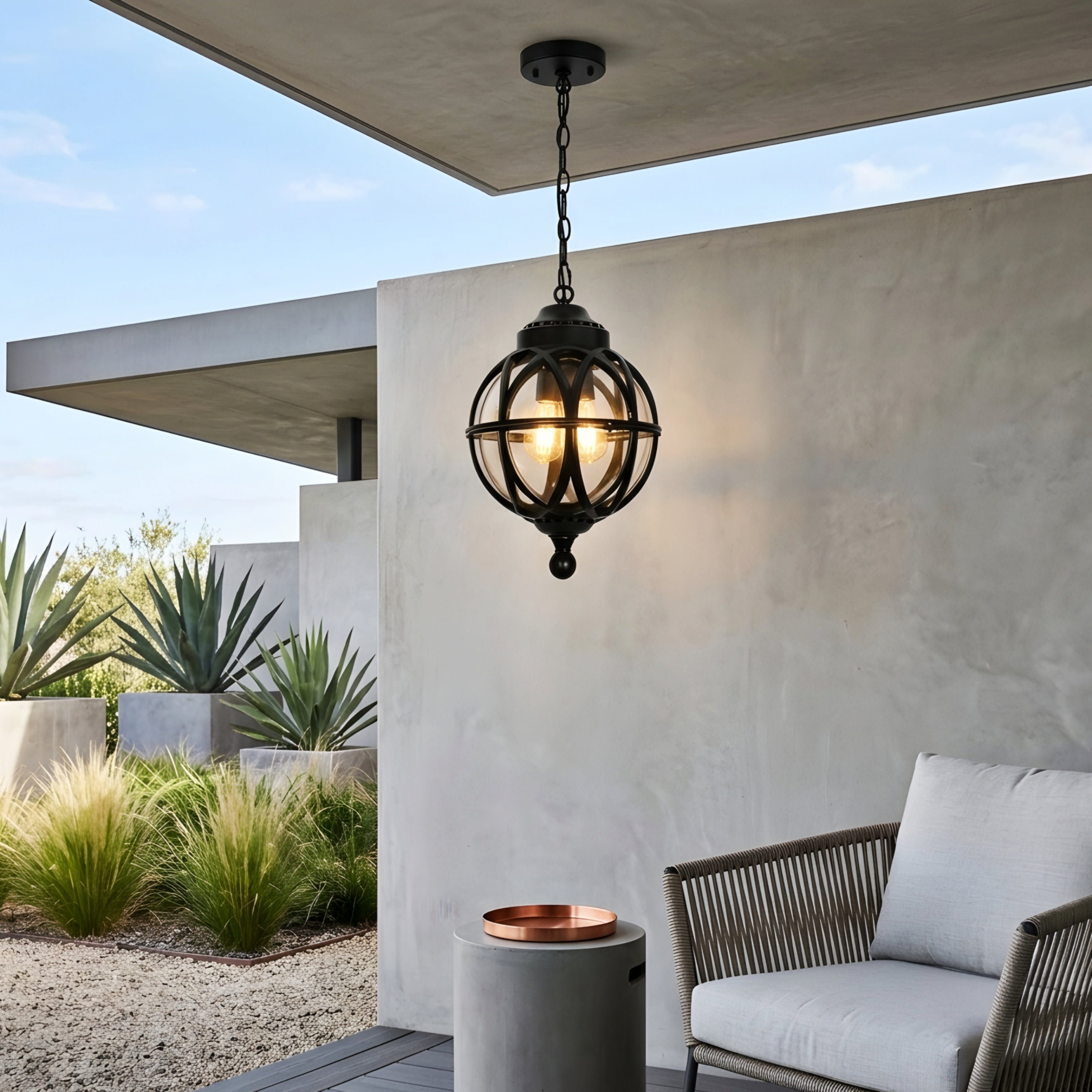 Garvion Sphere Pendant Light – Outdoor Black Metal Cage Globe Chandelier Porch Entryway Decorative Lighting