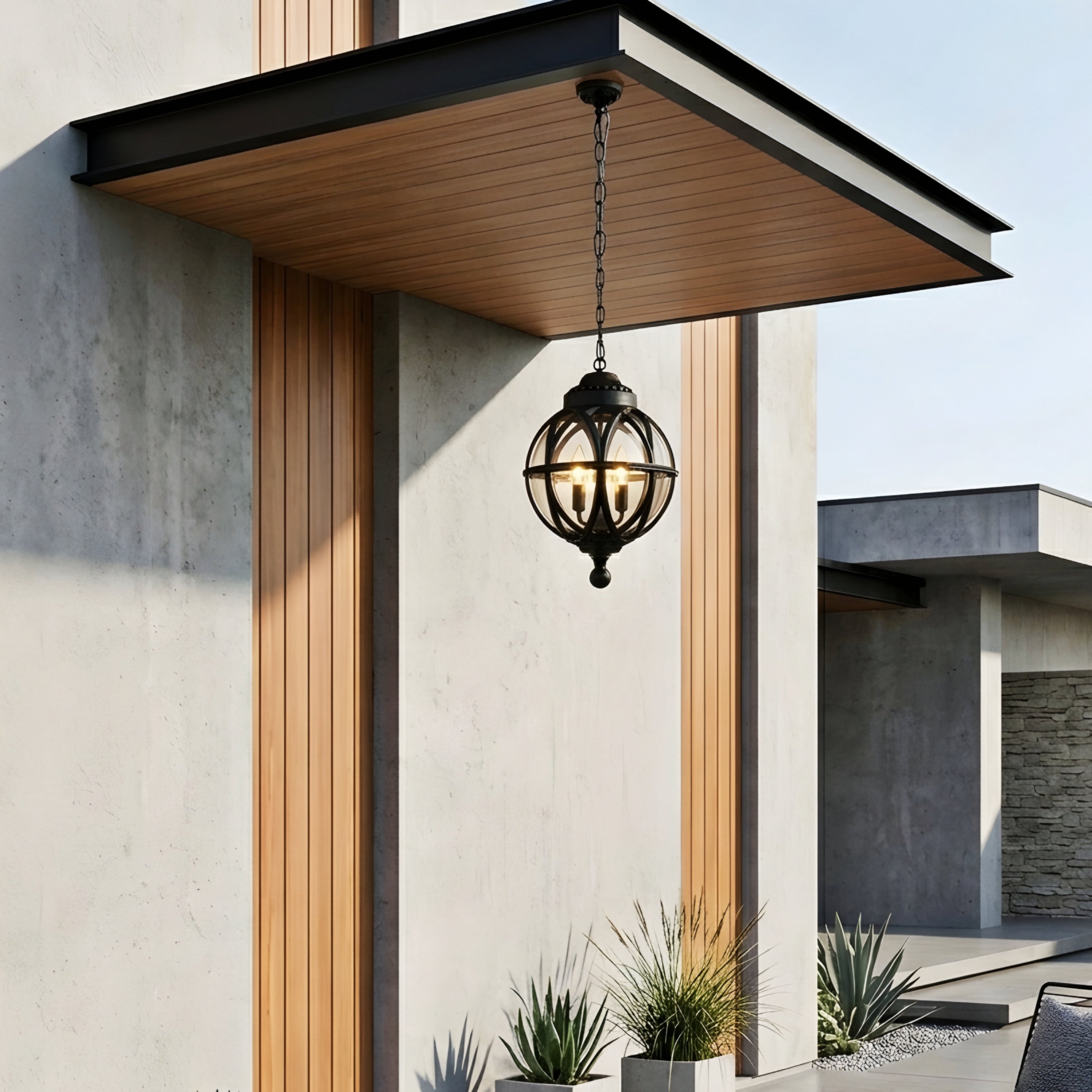 Garvion Sphere Pendant Light – Outdoor Black Metal Cage Globe Chandelier Porch Entryway Decorative Lighting
