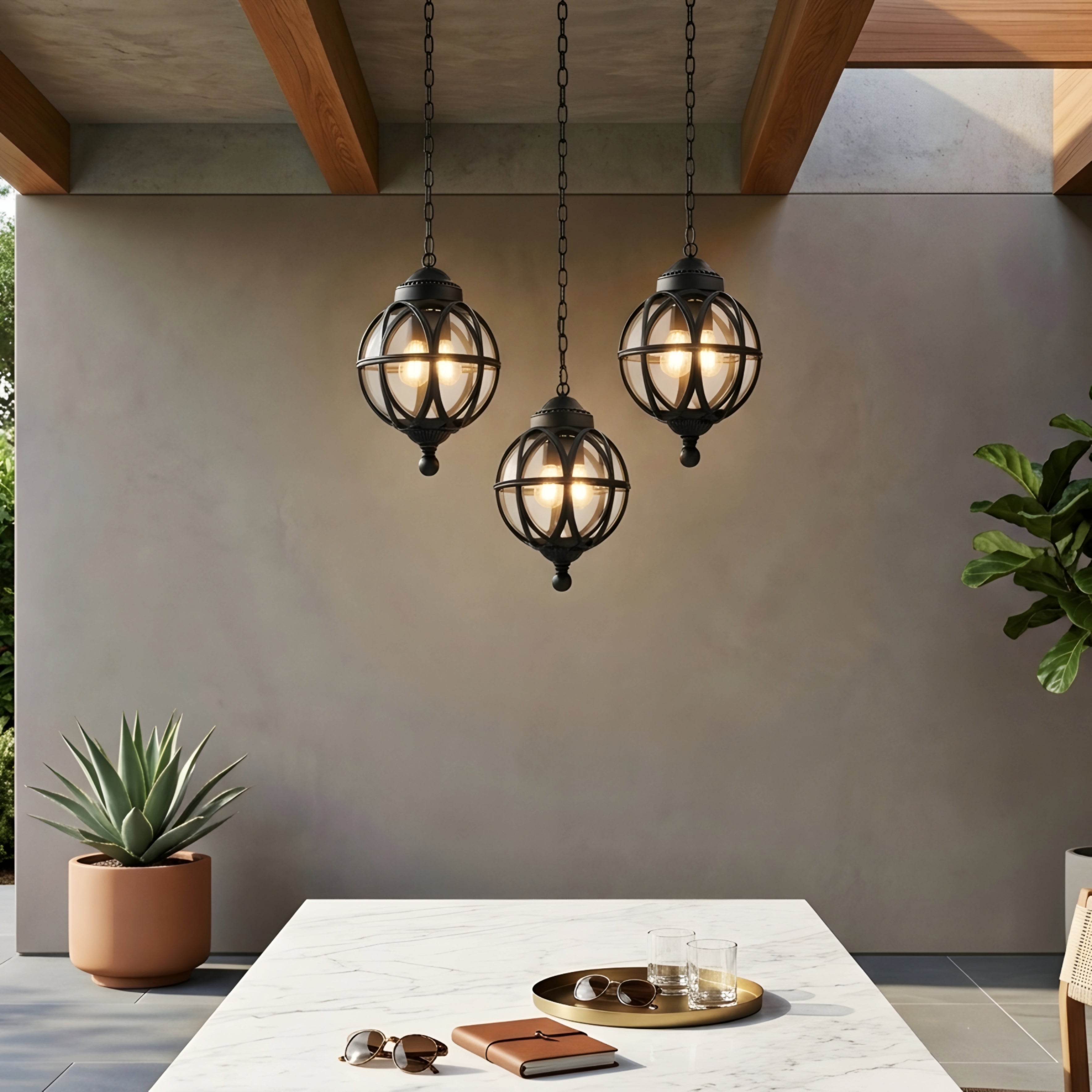 Garvion Sphere Pendant Light – Outdoor Black Metal Cage Globe Chandelier Porch Entryway Decorative Lighting