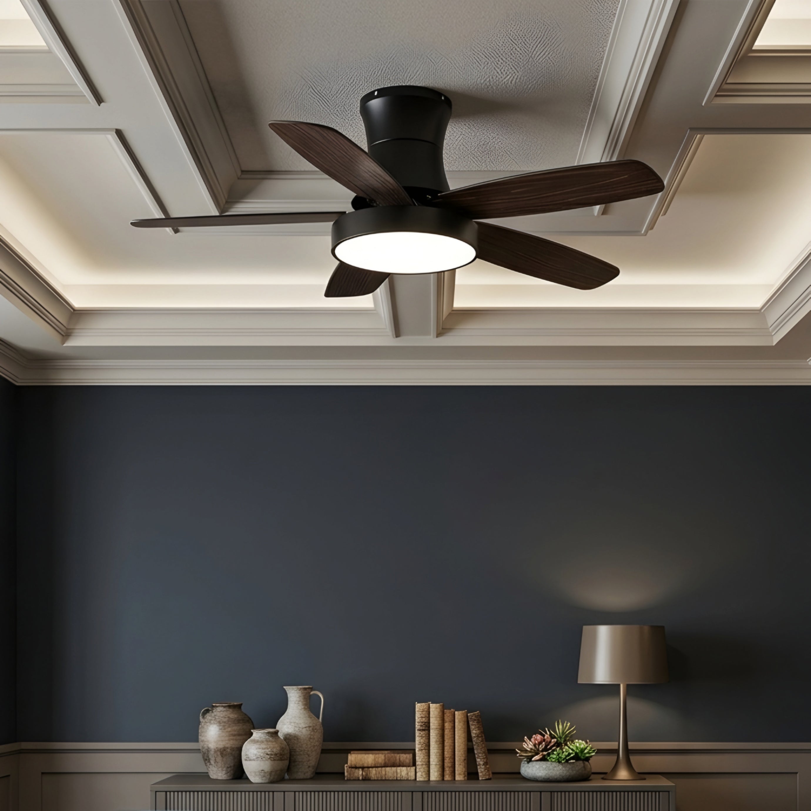 Valtero Flush Mount Ceiling Fan – LED Integrated Light Modern Low Profile Bedroom Living Room