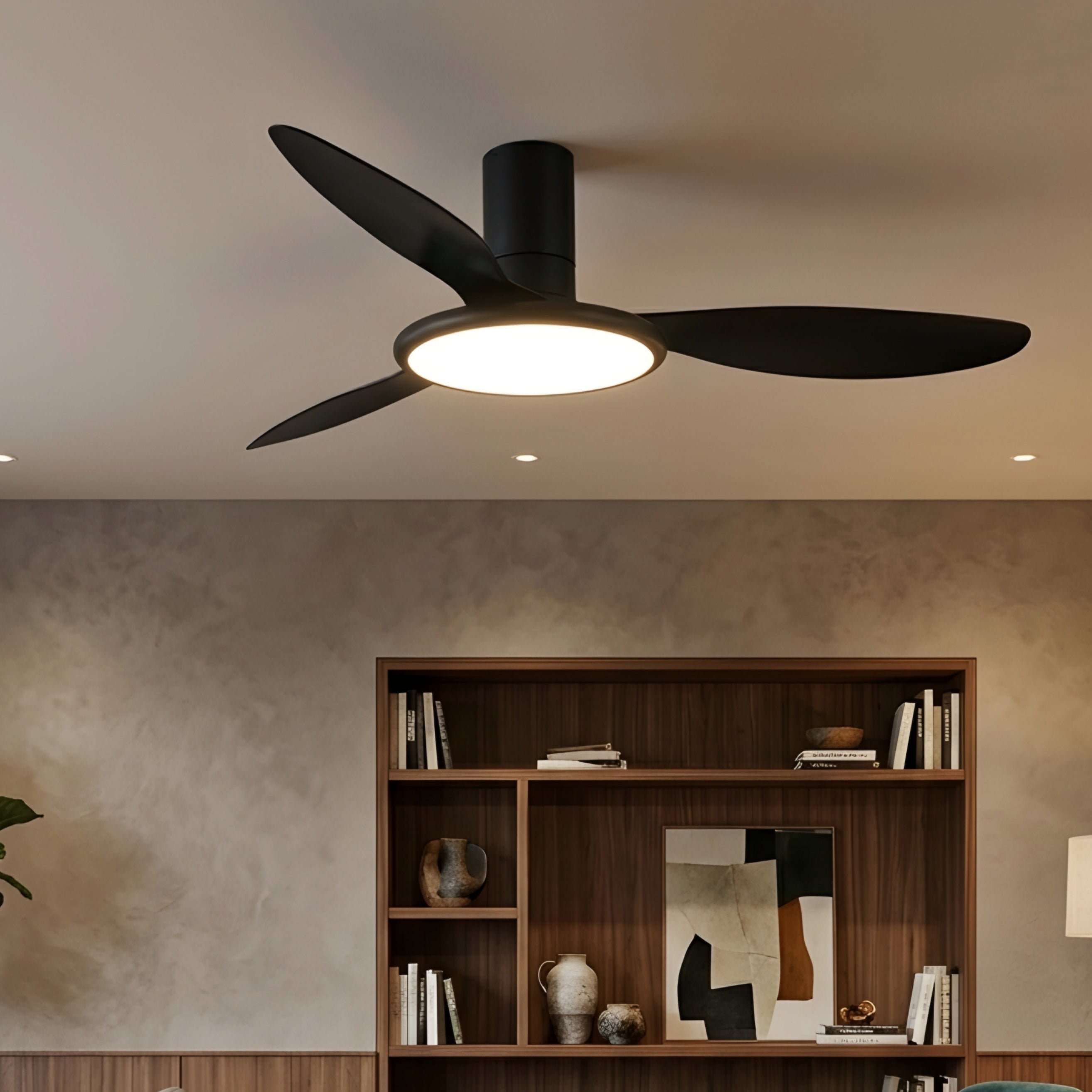 Quova Drift Ceiling Fan – Low Profile Flush Mount LED Light Gray Wood Blades Modern Bedroom Living Room