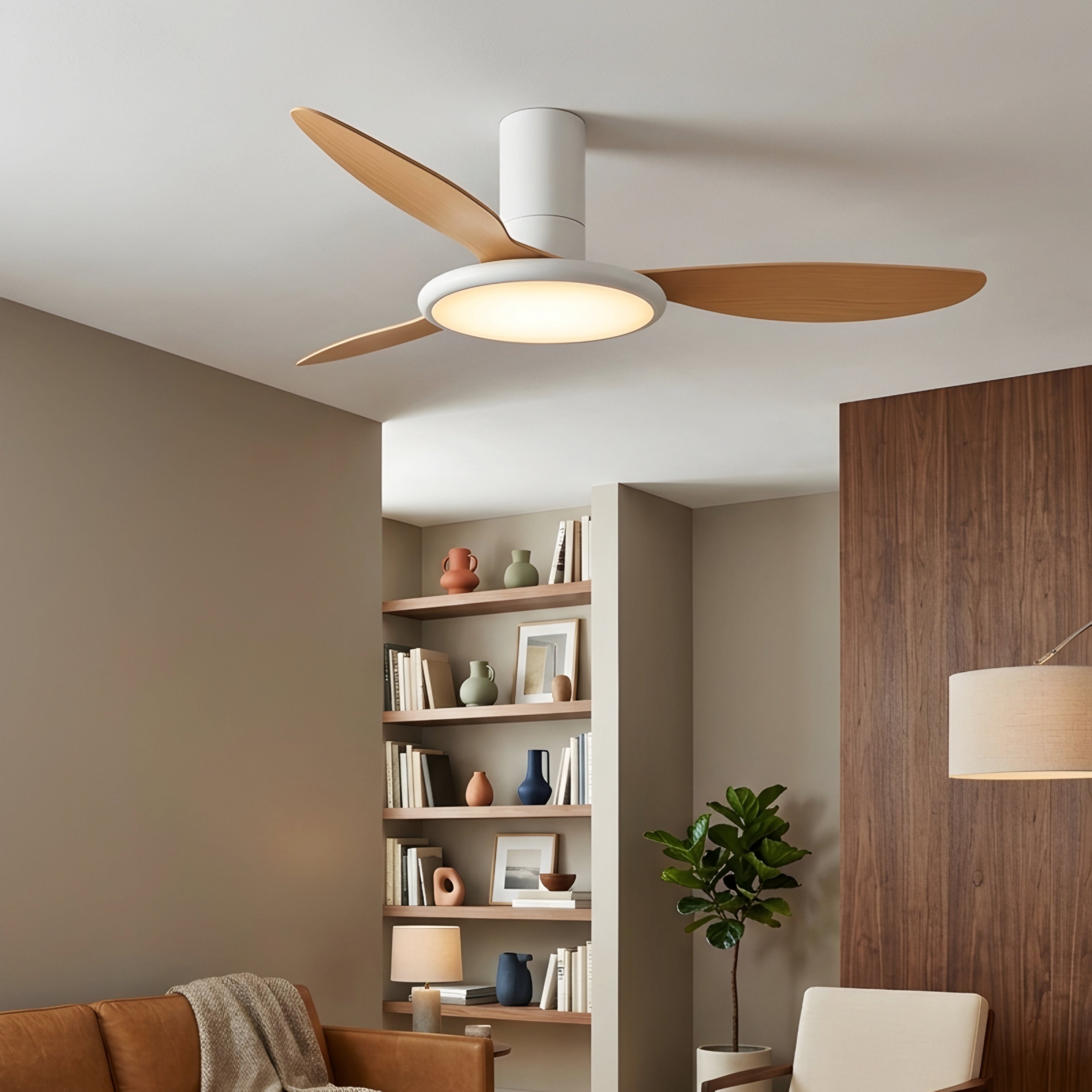 Quova Drift Ceiling Fan – Low Profile Flush Mount LED Light Gray Wood Blades Modern Bedroom Living Room
