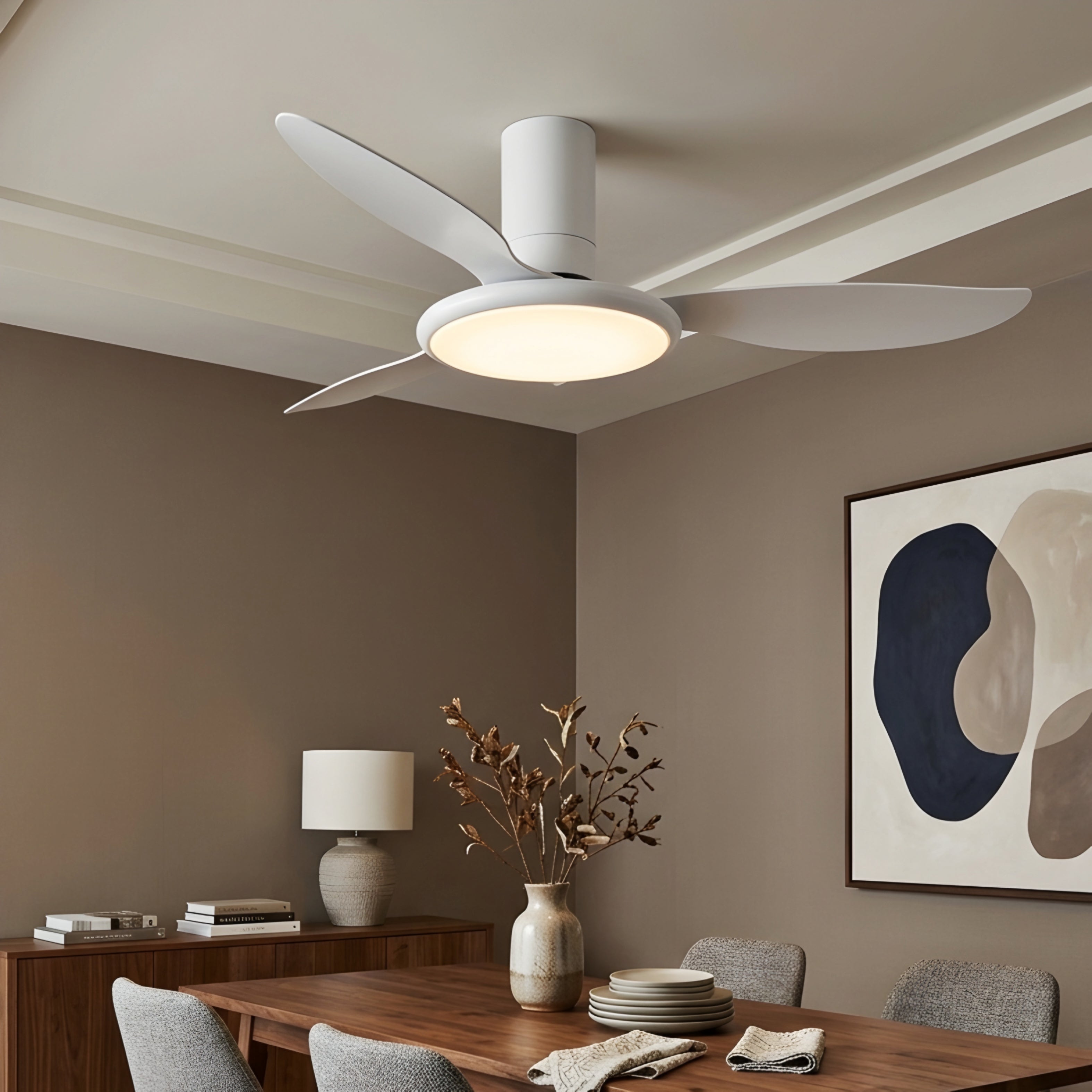 Quova Drift Ceiling Fan – Low Profile Flush Mount LED Light Gray Wood Blades Modern Bedroom Living Room