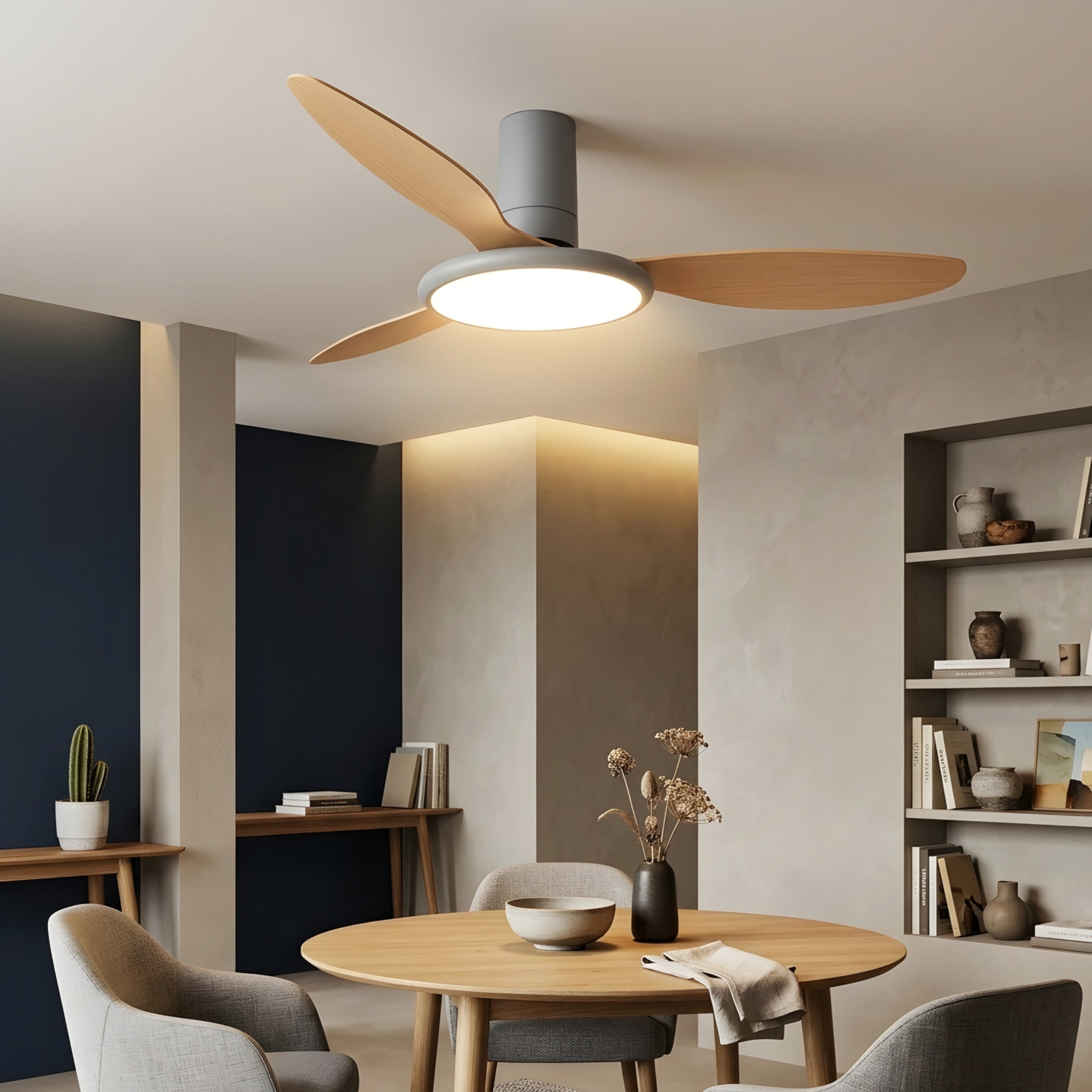 Quova Drift Ceiling Fan – Low Profile Flush Mount LED Light Gray Wood Blades Modern Bedroom Living Room