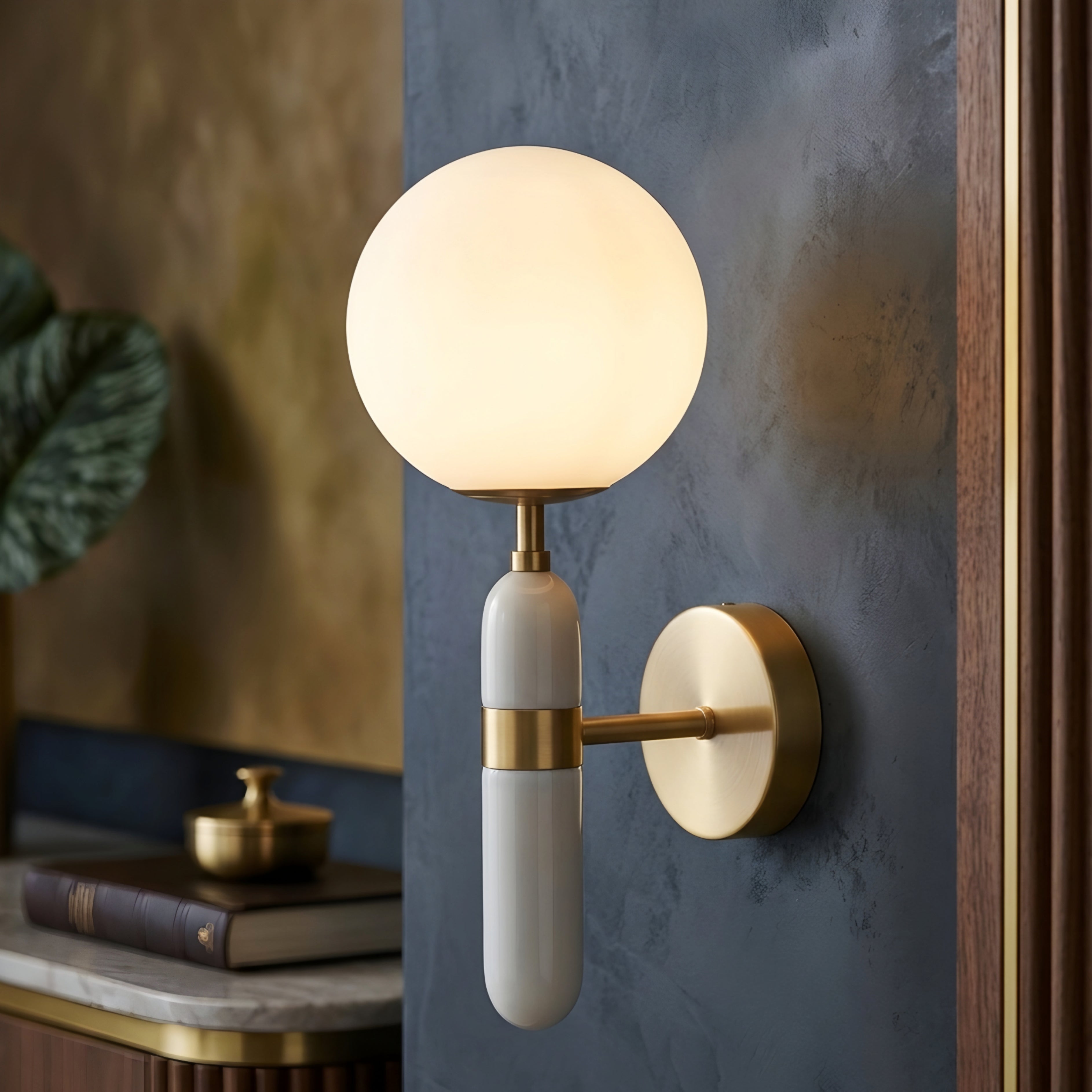 Solenne Globe Wall Sconce – Modern White Marble Brass Wall Light Bedroom Living Room Decorative Lighting