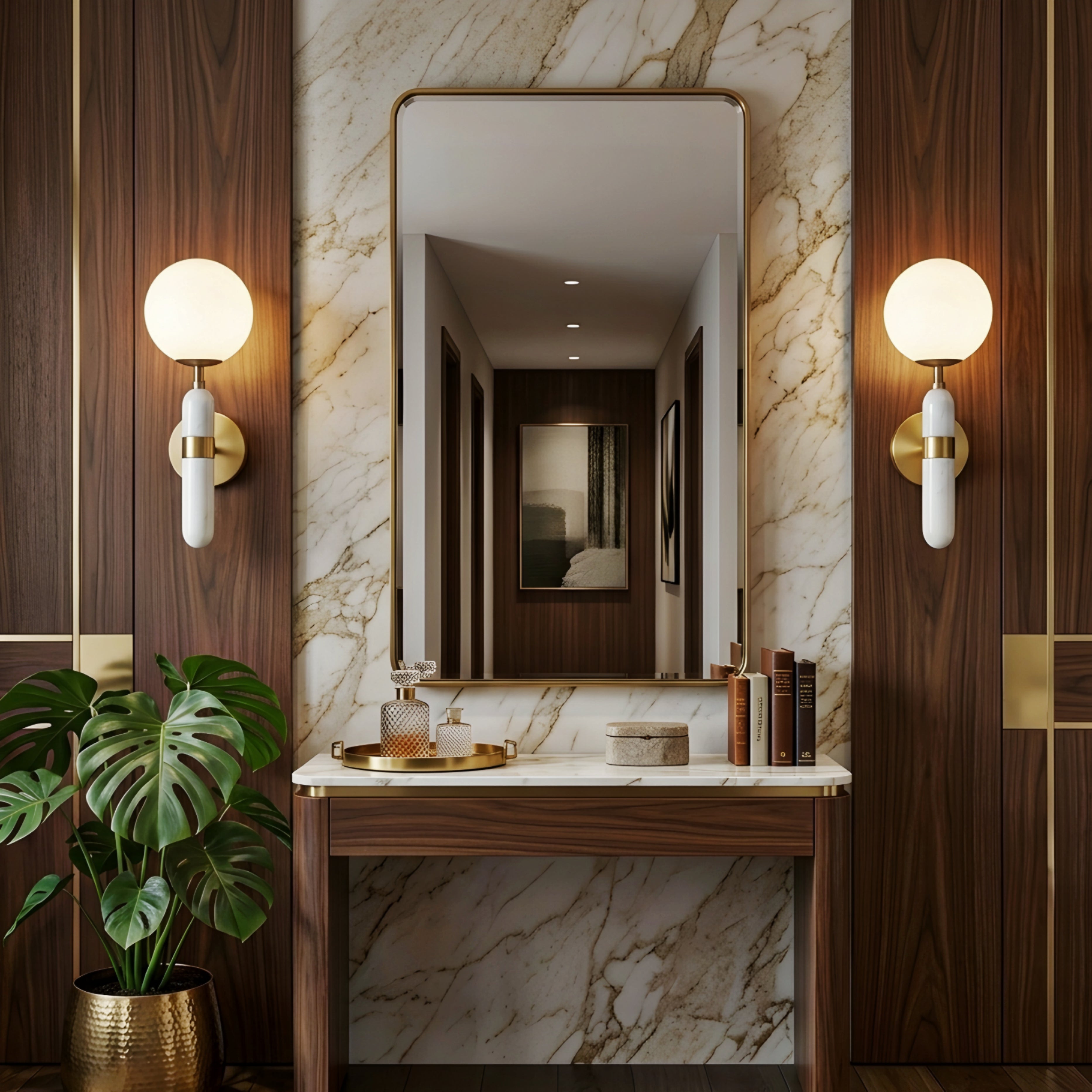 Solenne Globe Wall Sconce – Modern White Marble Brass Wall Light Bedroom Living Room Decorative Lighting