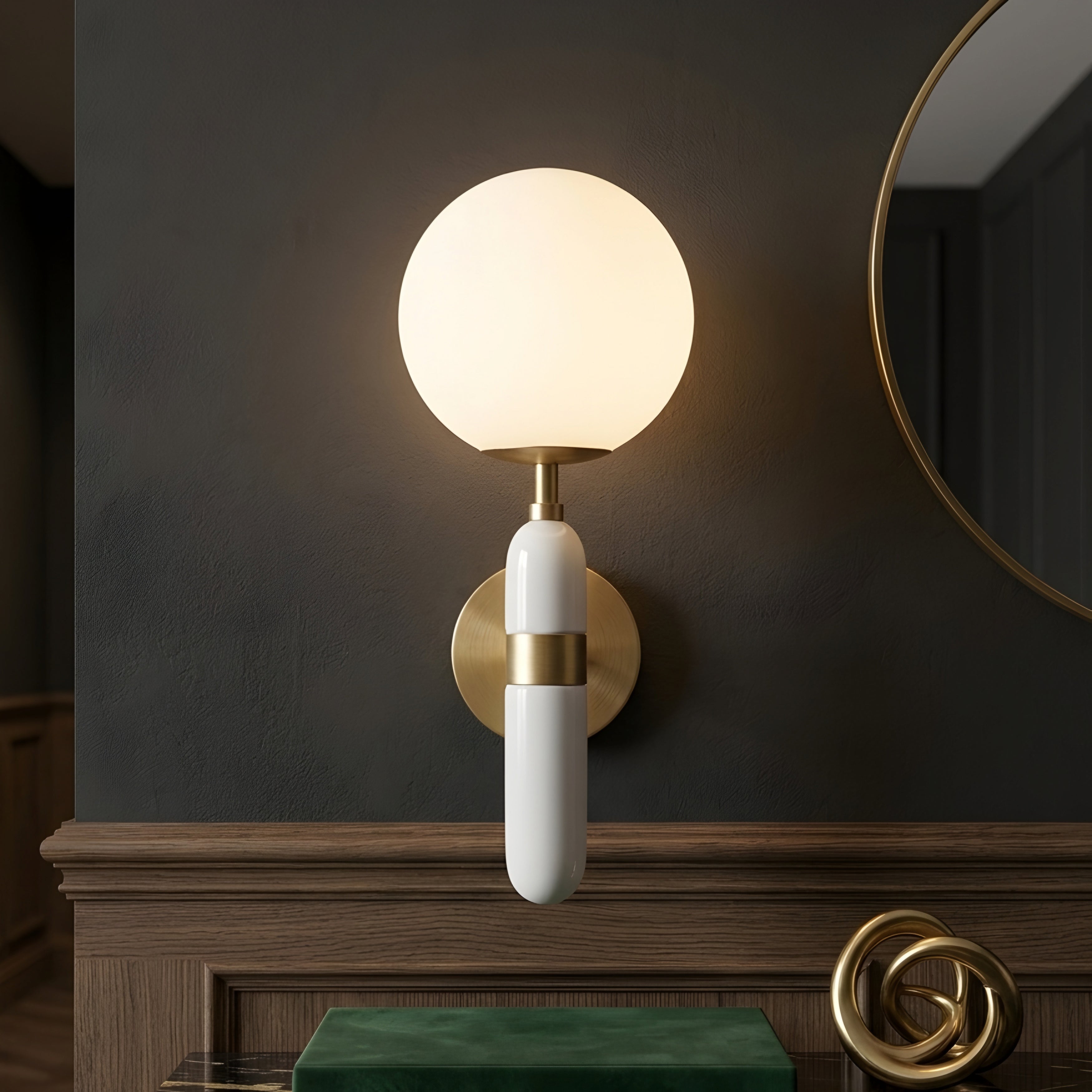 Solenne Globe Wall Sconce – Modern White Marble Brass Wall Light Bedroom Living Room Decorative Lighting