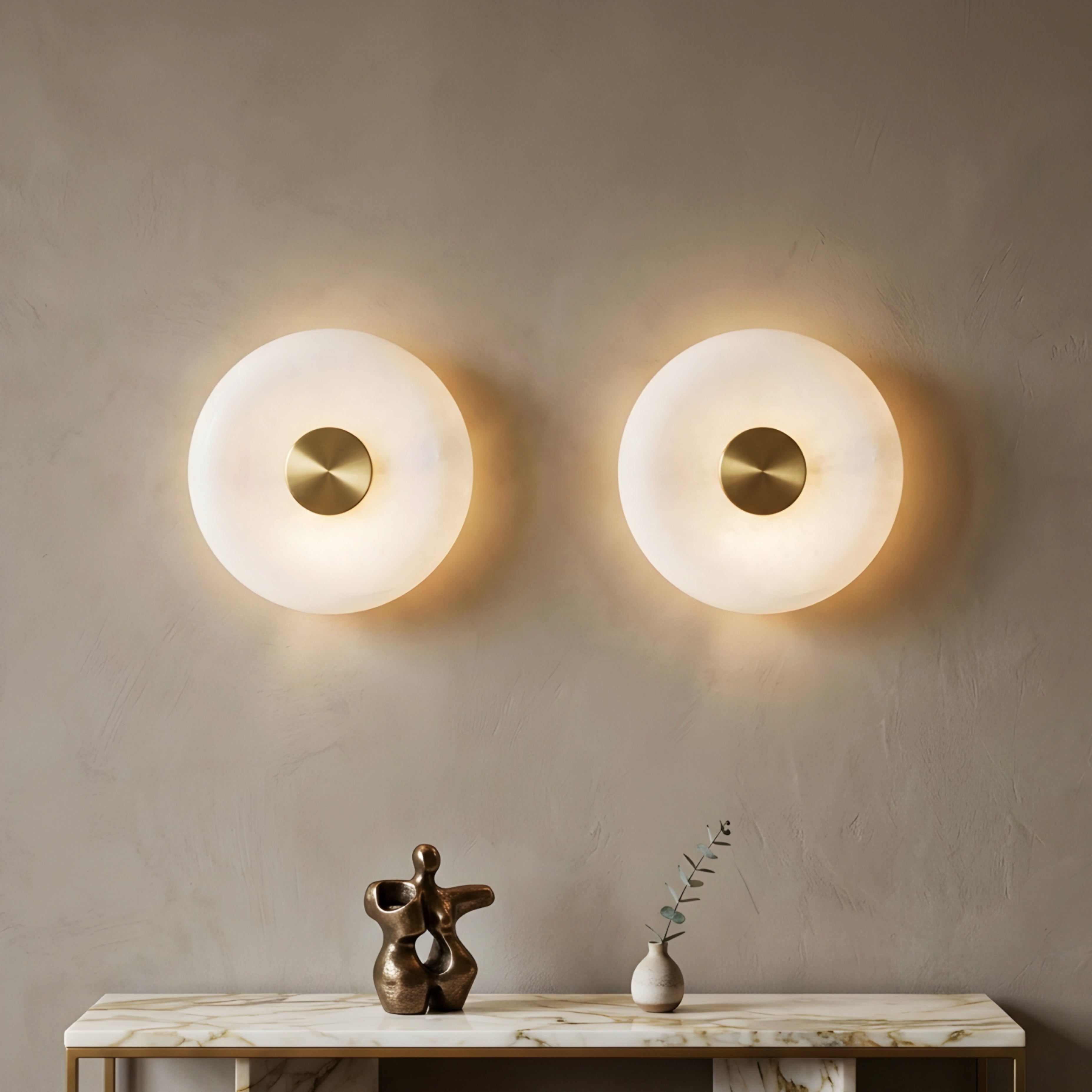 Celeste Disc Wall Sconce – Modern White Glass Gold Accent Decorative Lighting Bedroom Living Room