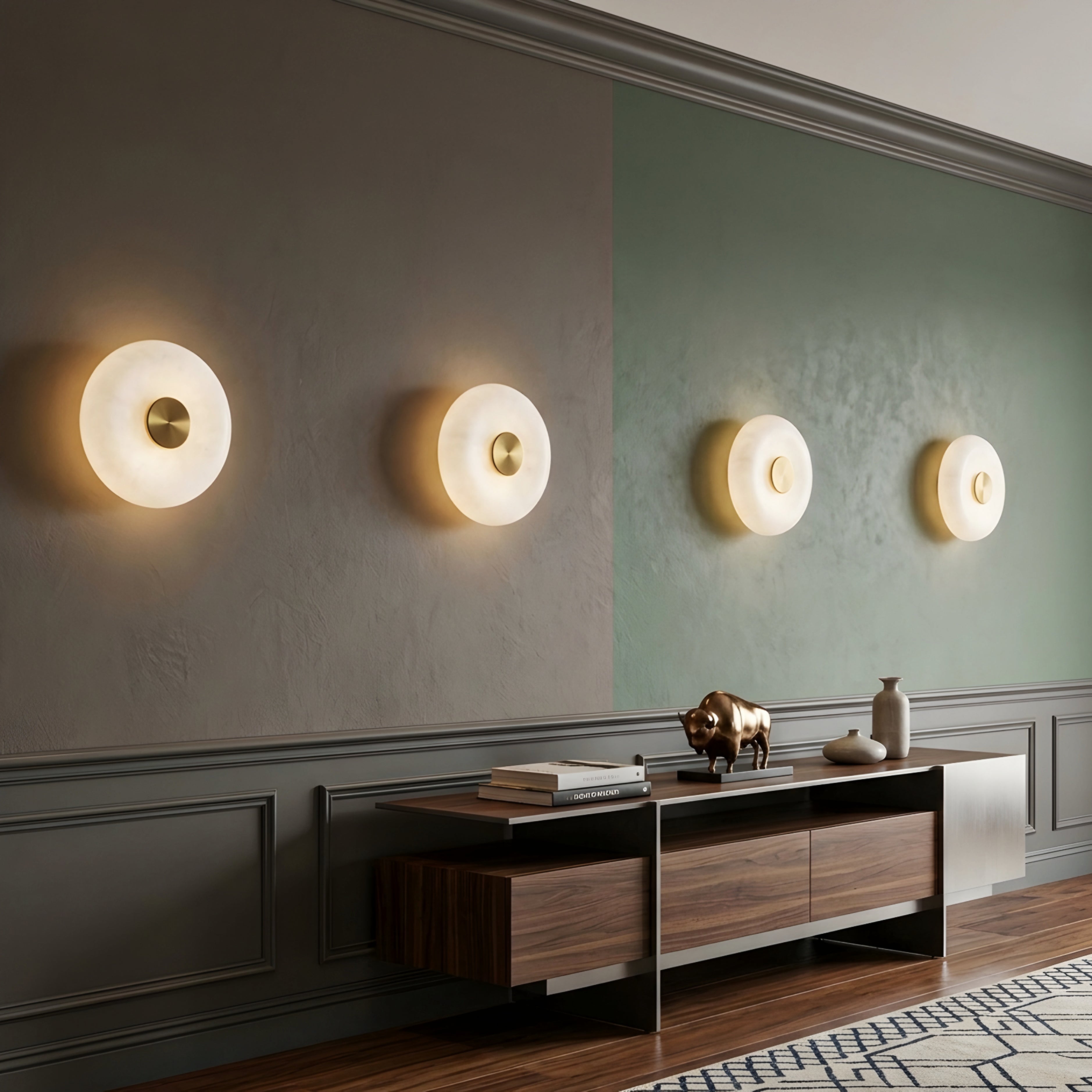 Celeste Disc Wall Sconce – Modern White Glass Gold Accent Decorative Lighting Bedroom Living Room