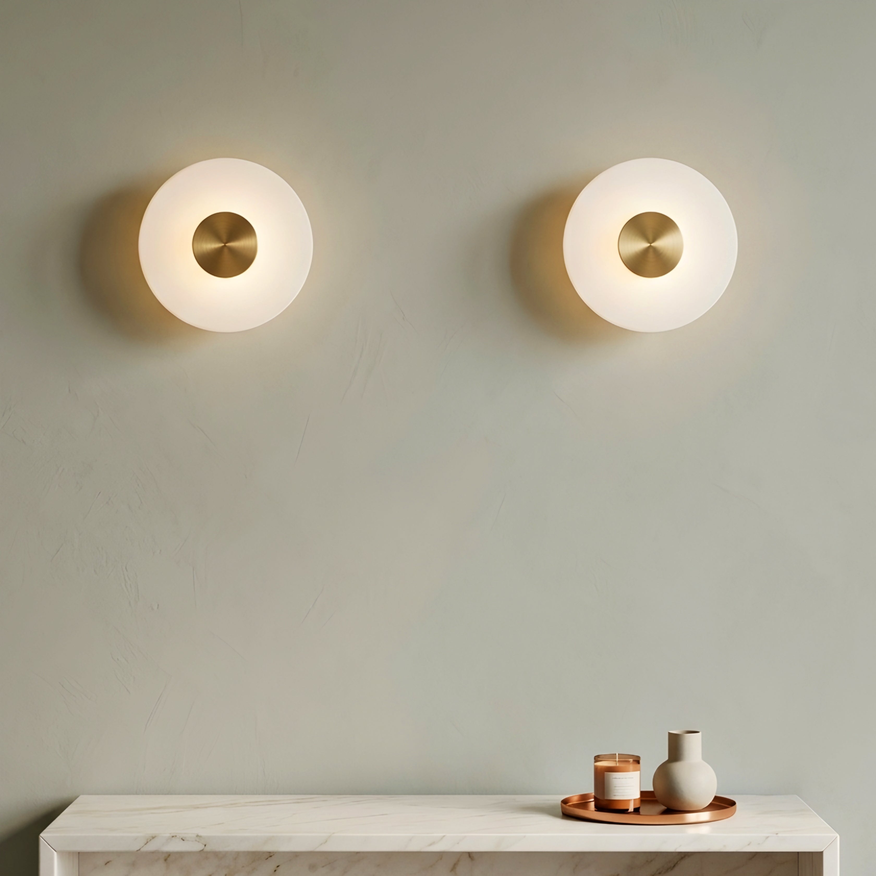 Celeste Disc Wall Sconce – Modern White Glass Gold Accent Decorative Lighting Bedroom Living Room