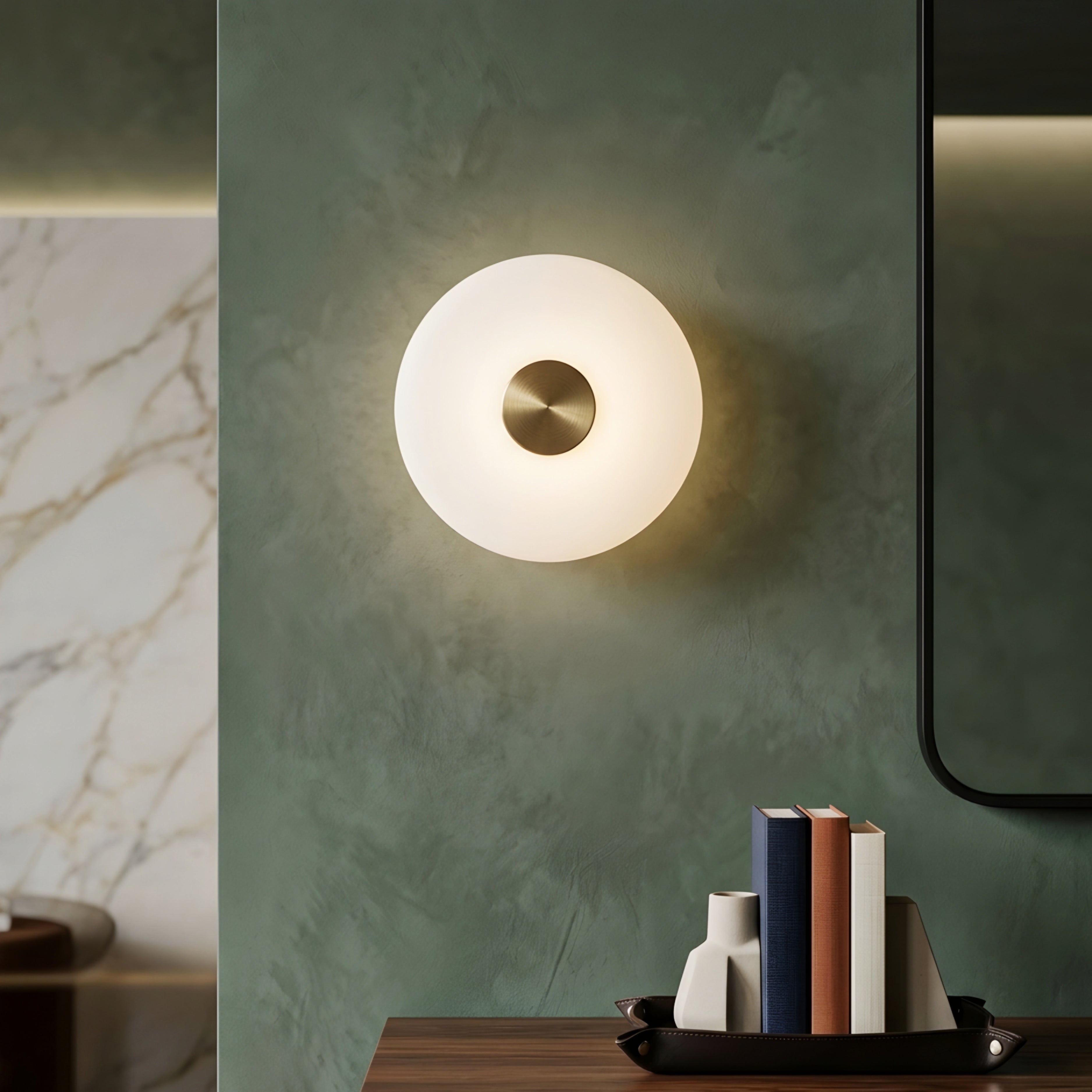 Celeste Disc Wall Sconce – Modern White Glass Gold Accent Decorative Lighting Bedroom Living Room