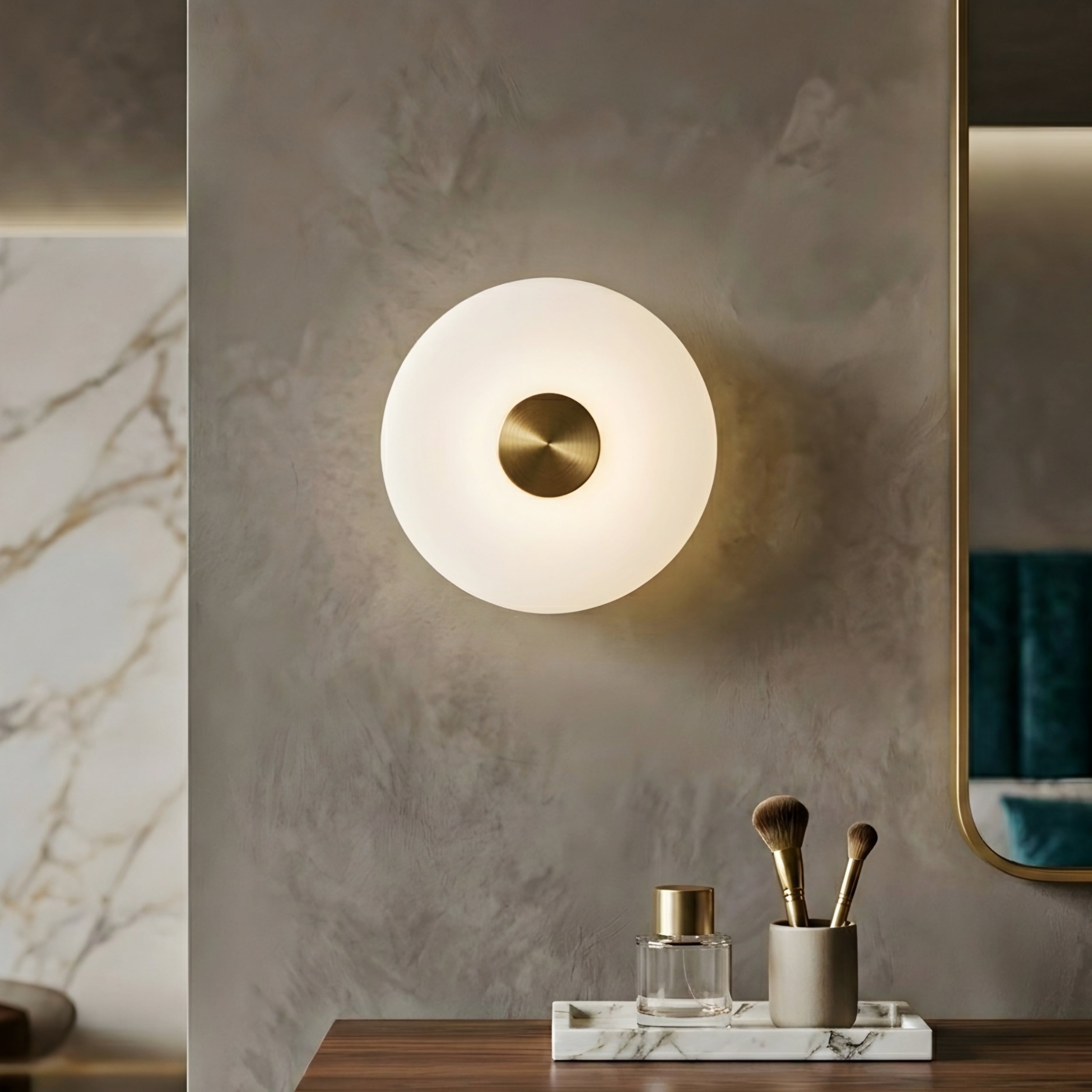 Celeste Disc Wall Sconce – Modern White Glass Gold Accent Decorative Lighting Bedroom Living Room