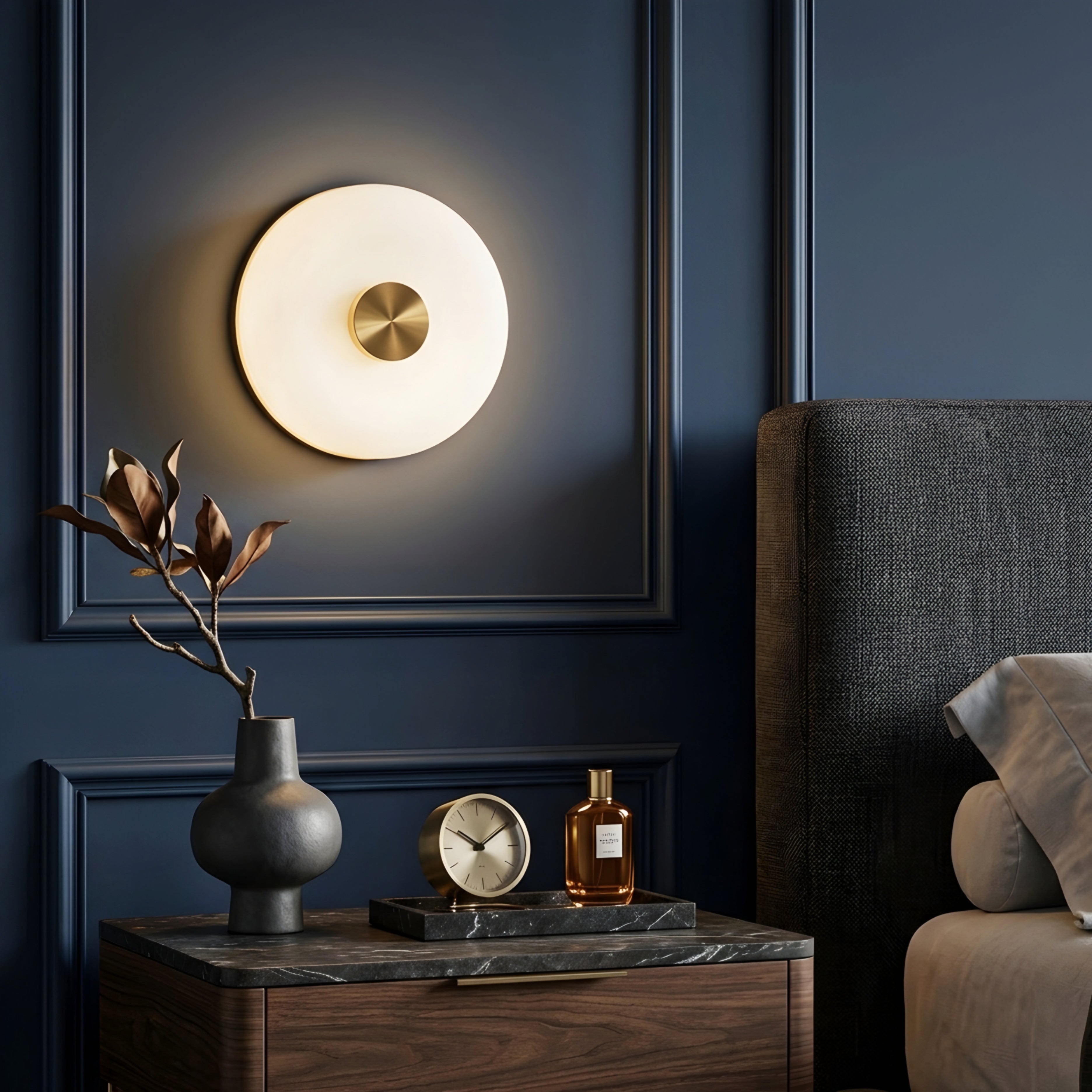 Celeste Disc Wall Sconce – Modern White Glass Gold Accent Decorative Lighting Bedroom Living Room