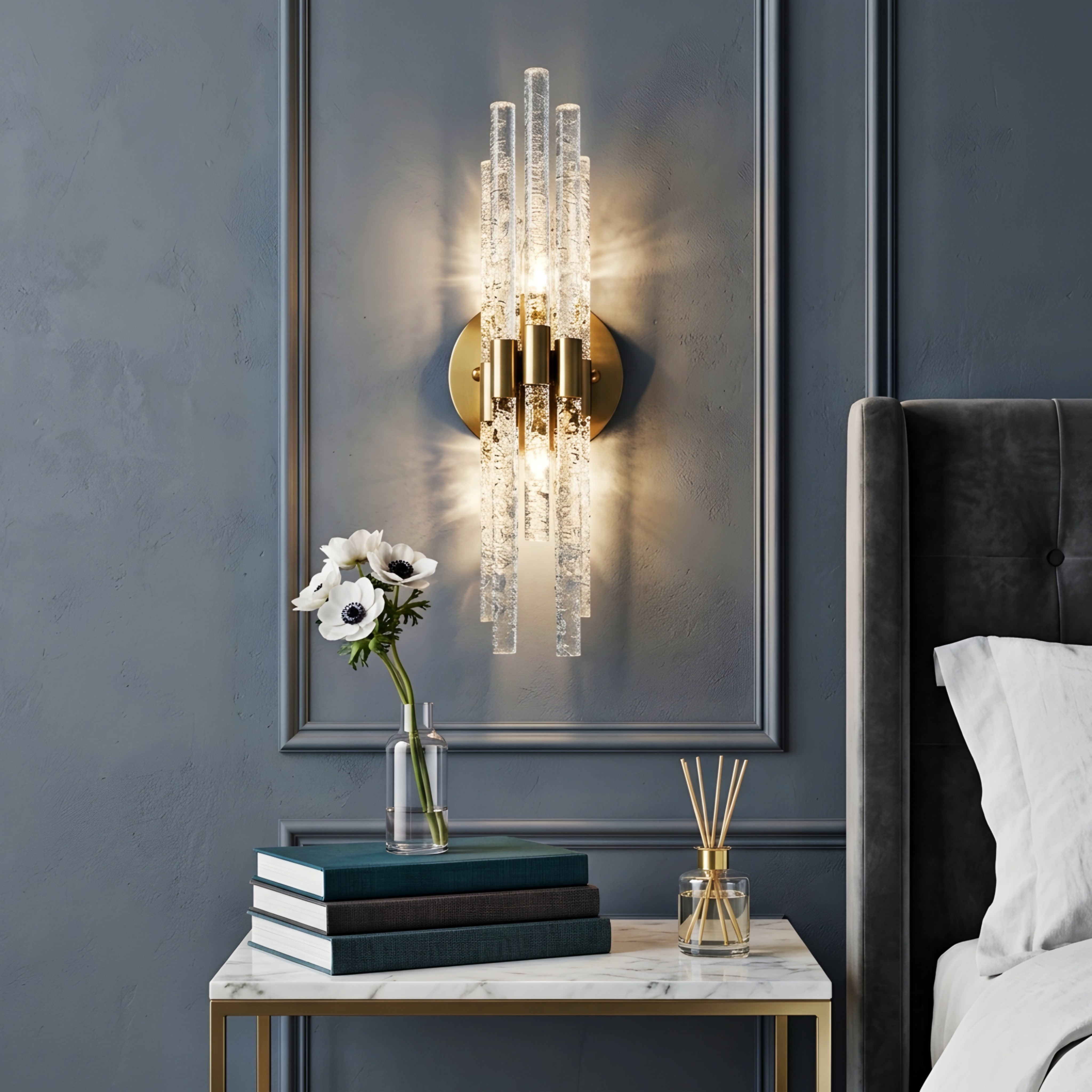 Glacien Wall Sconce – Modern Glass Rod Wall Light Fixture Gold Brass Decorative Lighting Bedroom Living Room